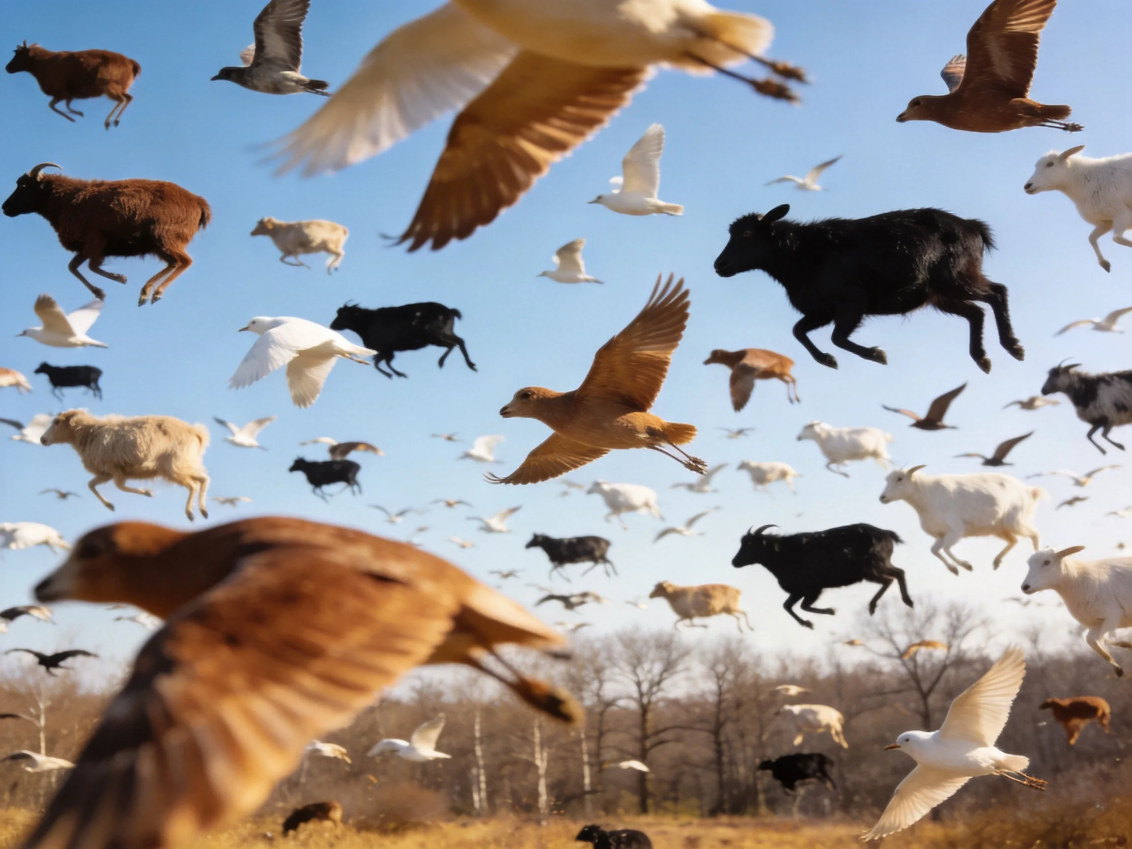 Various animals appearing airborne in colorful formation