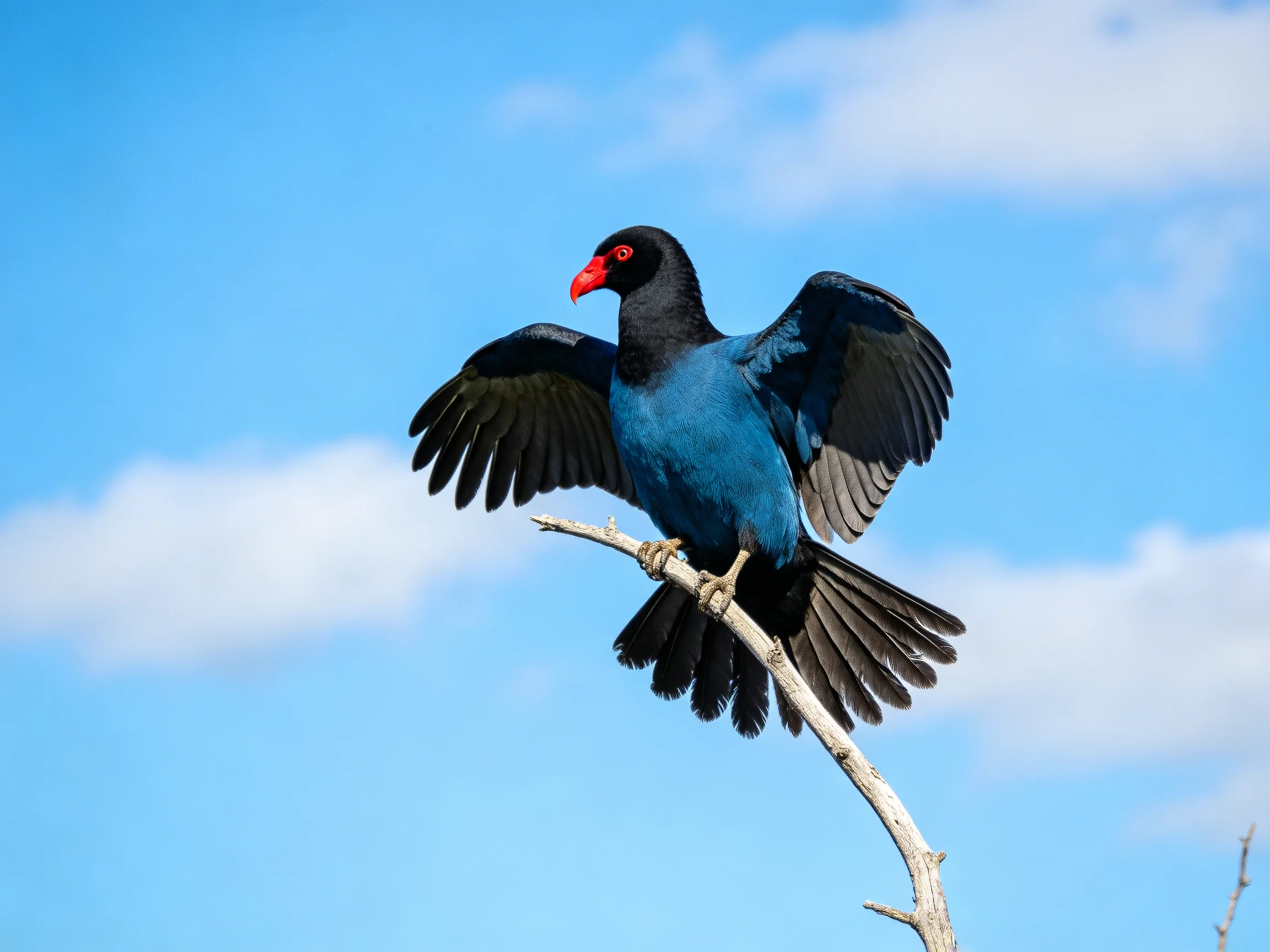 A colorful bird with outstretched wings perches on a branch amid a bright sky.