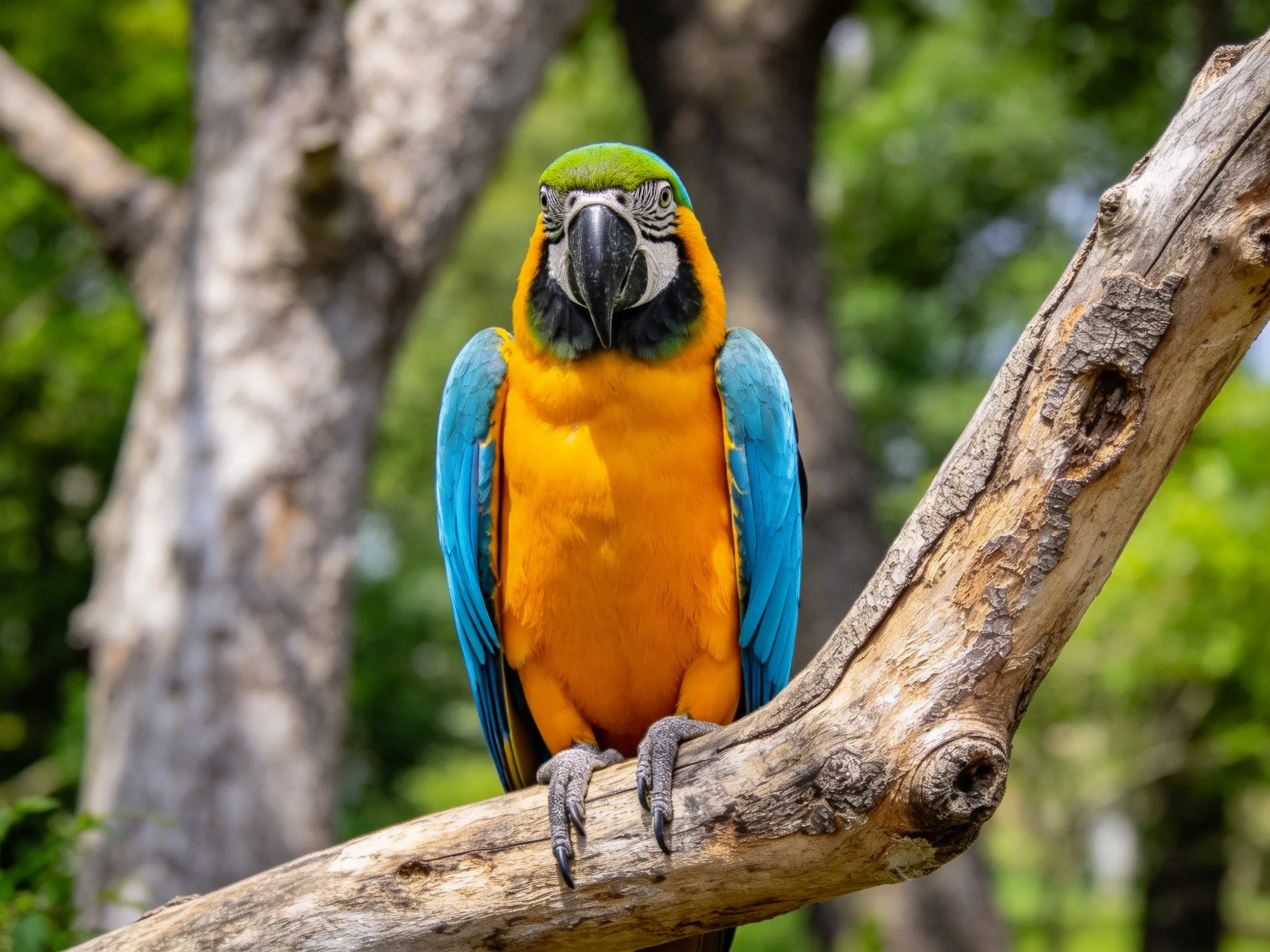 Vibrant blue and orange macaw perched on a weathered wooden branch
