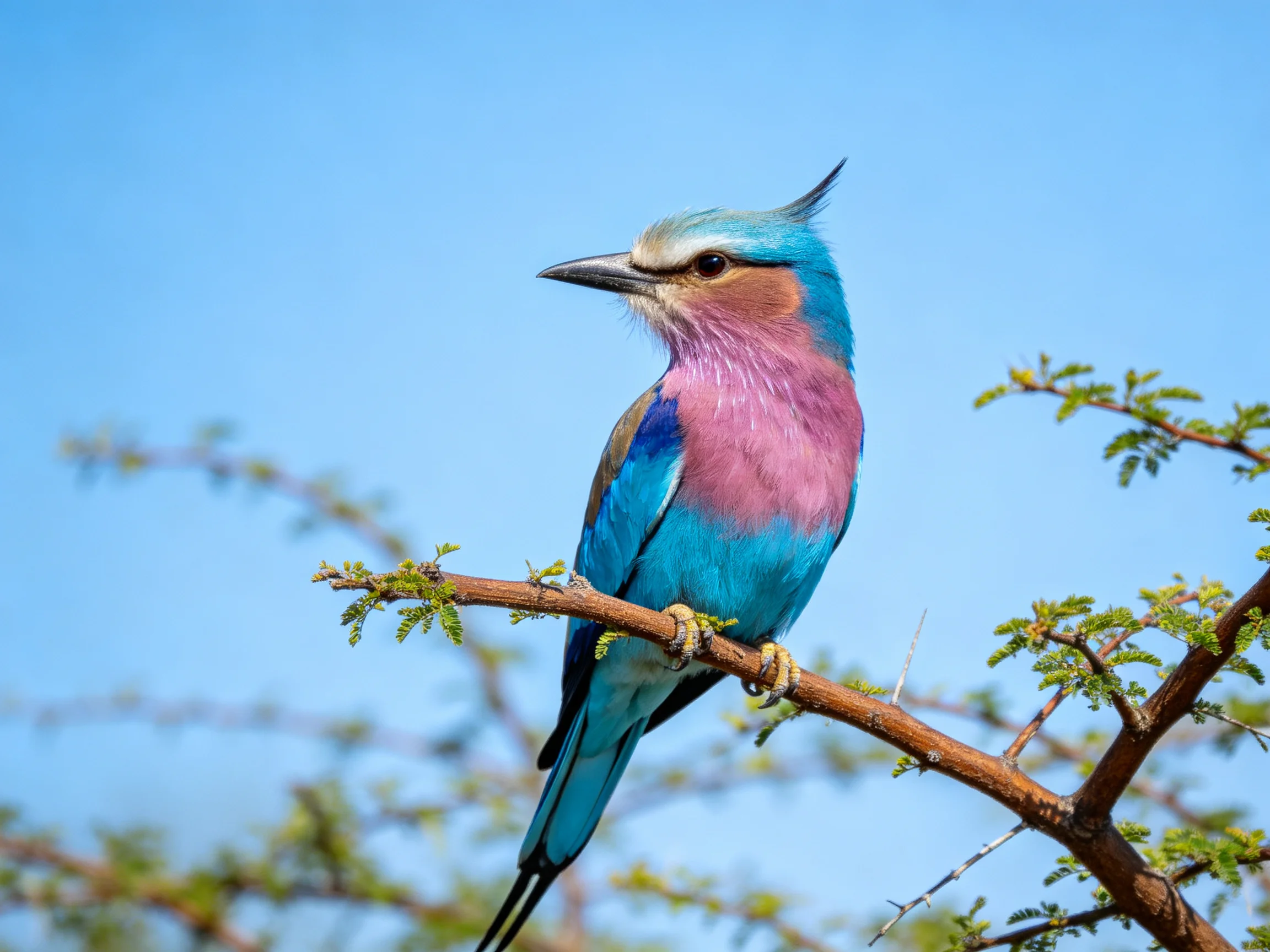 Vibrant blue and pink bird perched on a brown tree branch with green foliage