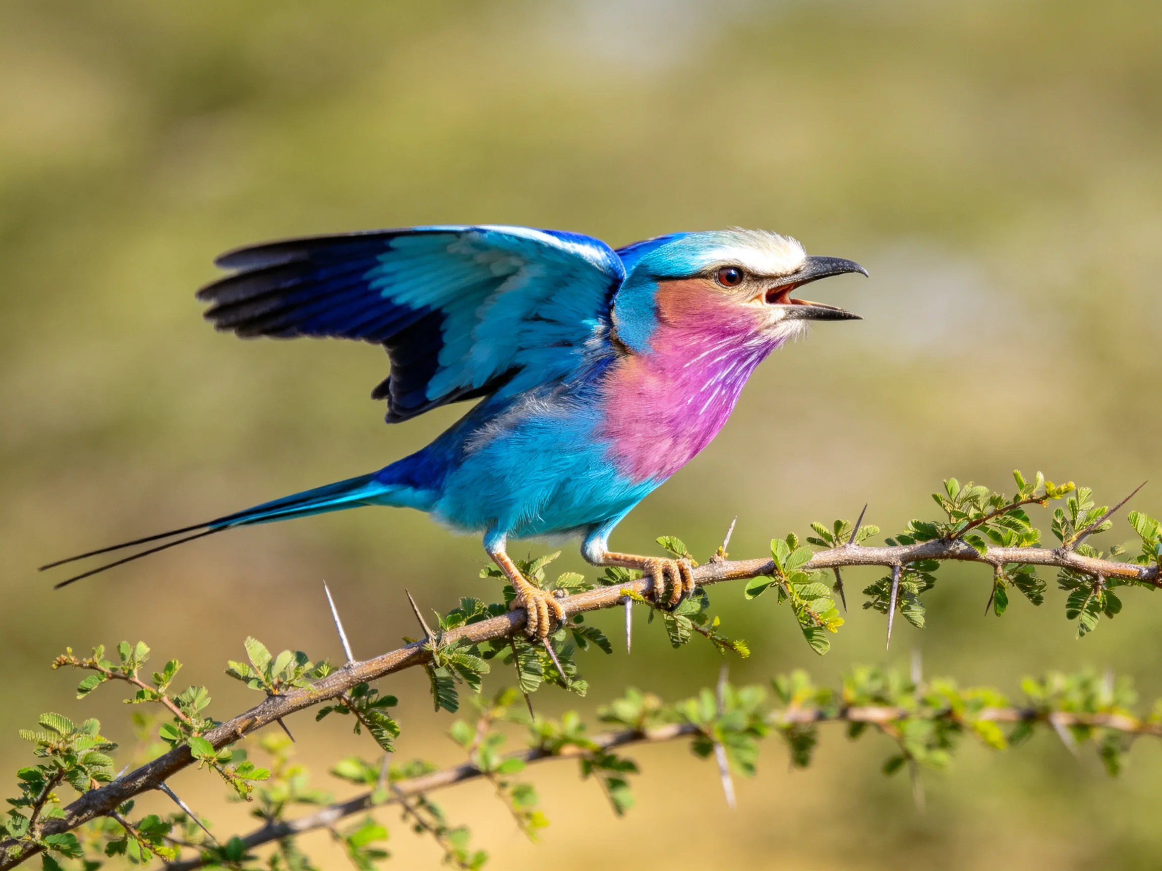 Vibrant blue and pink bird perched on a thorny branch with wings spread