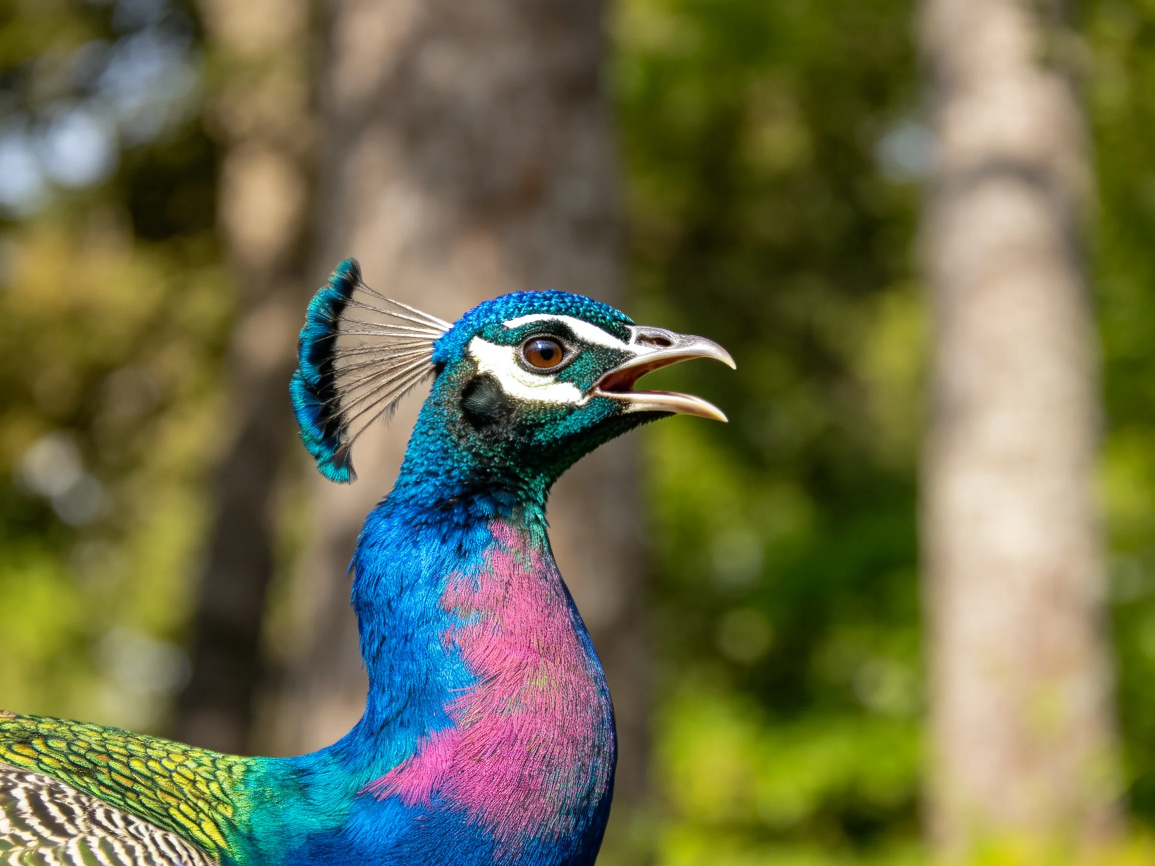 A vibrantly colored peacock with an ornate crest stands among trees.