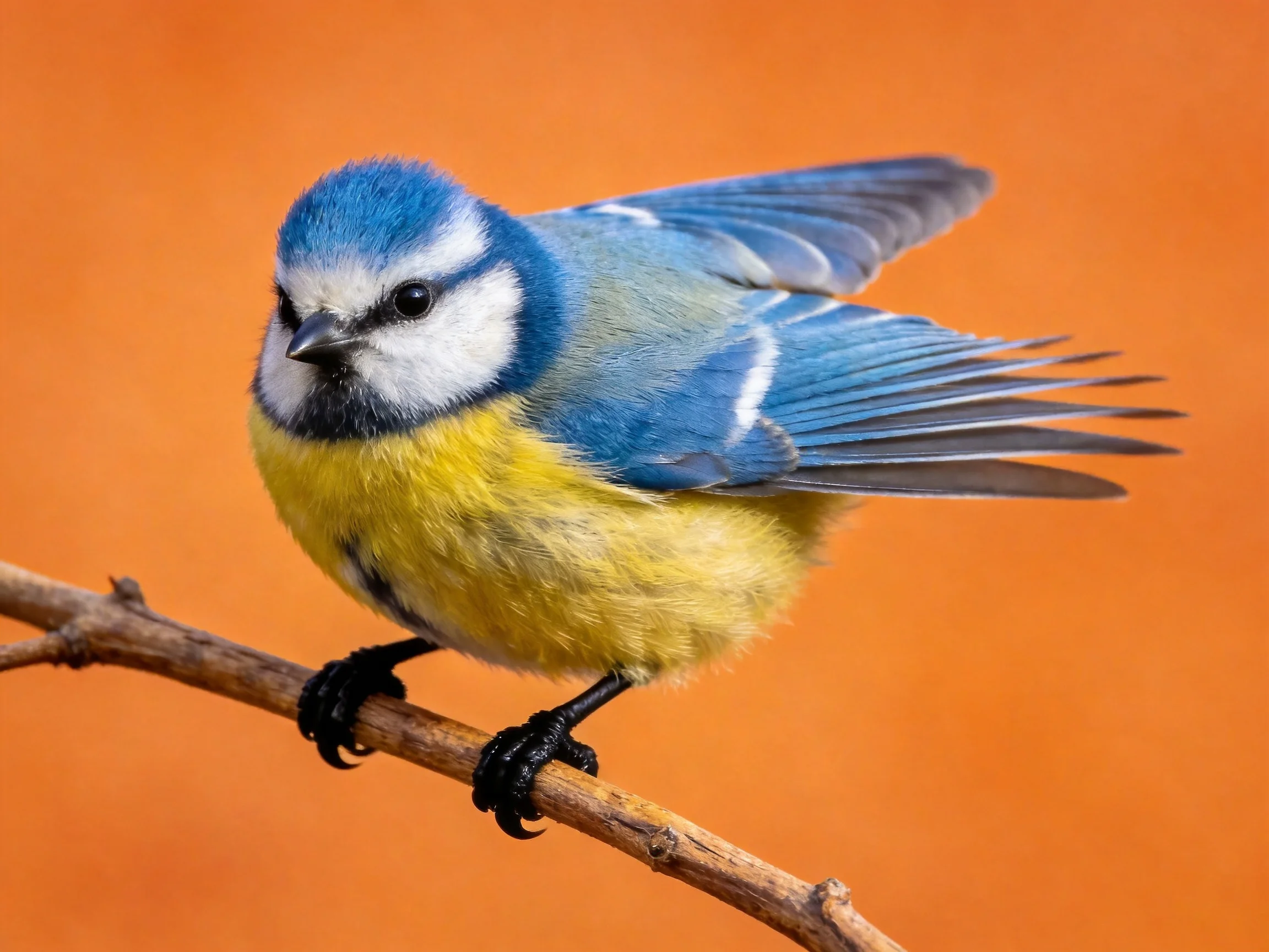 A small bird with blue wings and yellow chest perches on a branch.