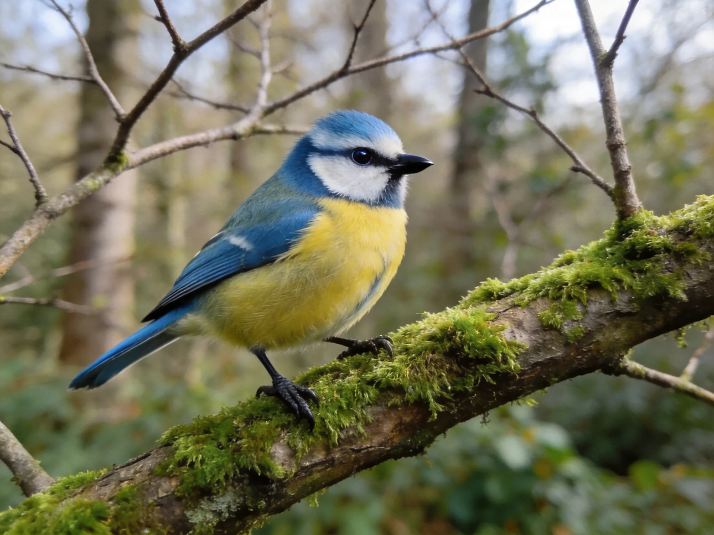 A colorful bird rests on a moss-covered branch in a forest.