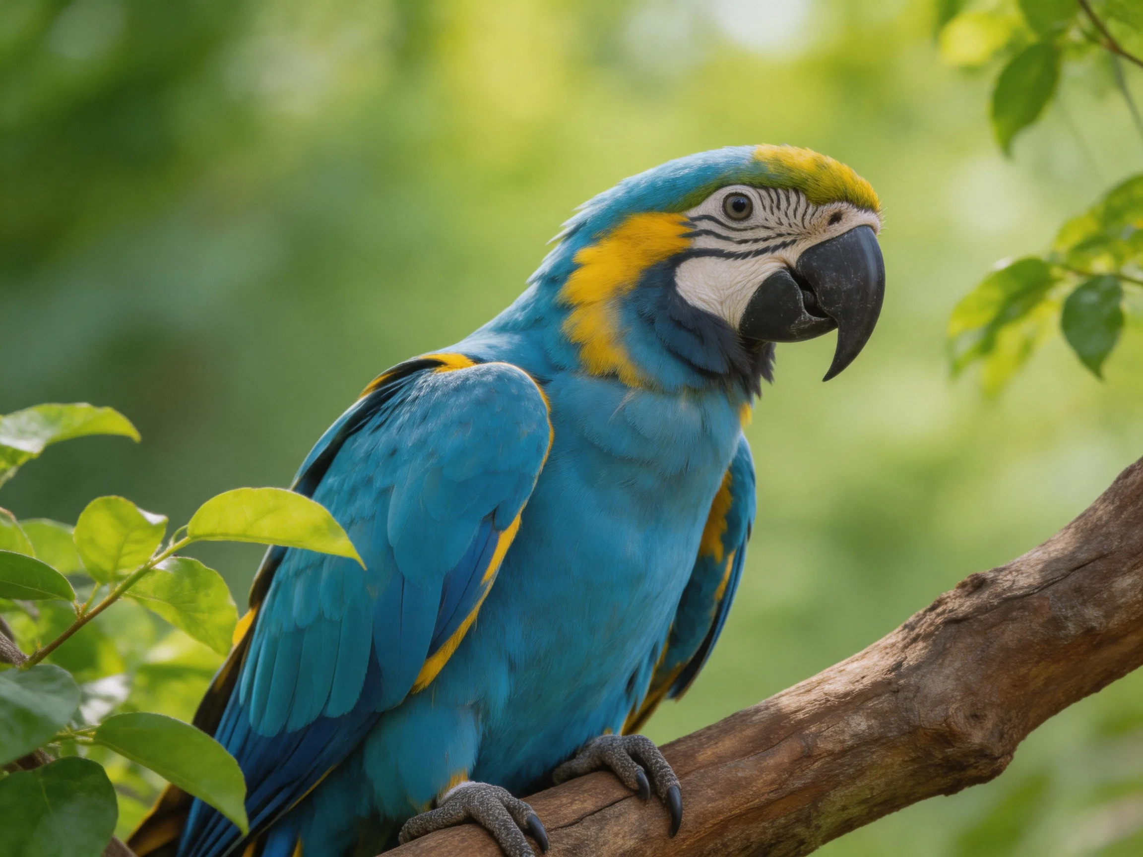 Vibrant blue and yellow macaw perched on a tree branch