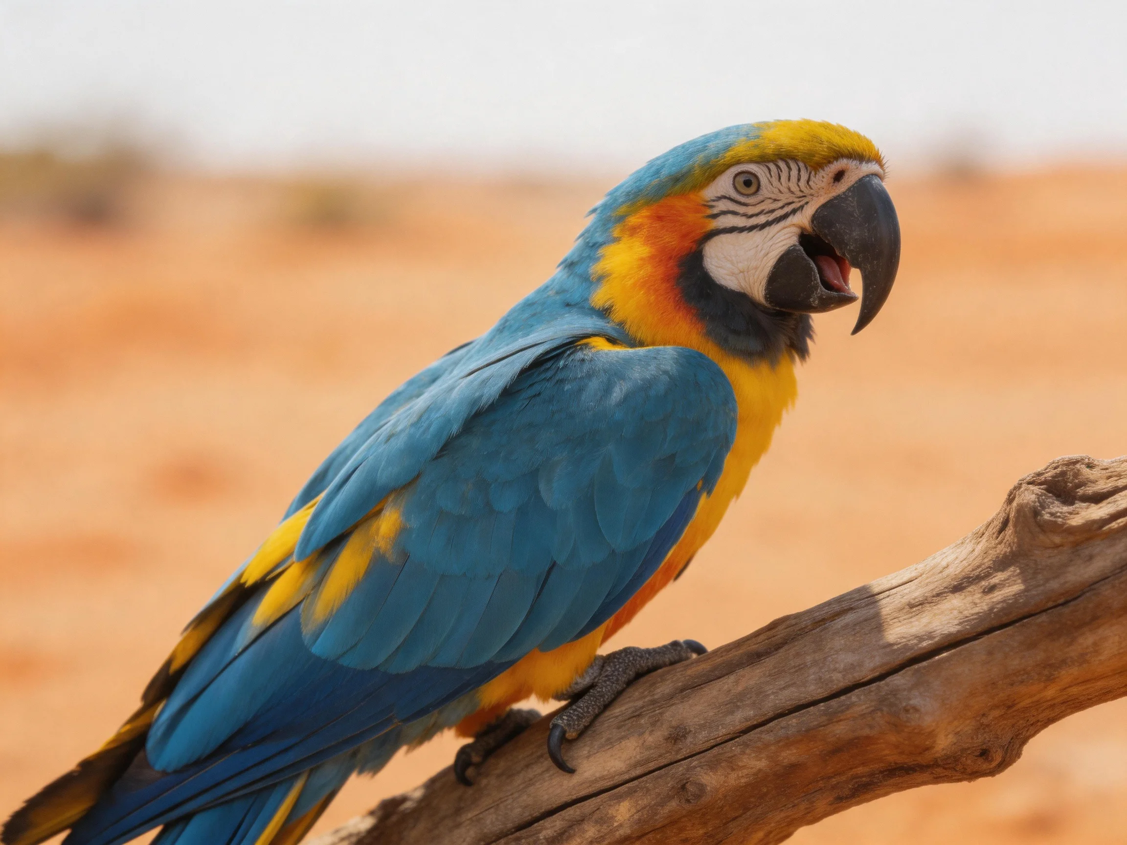 Vibrant blue and yellow macaw perched on weathered branch