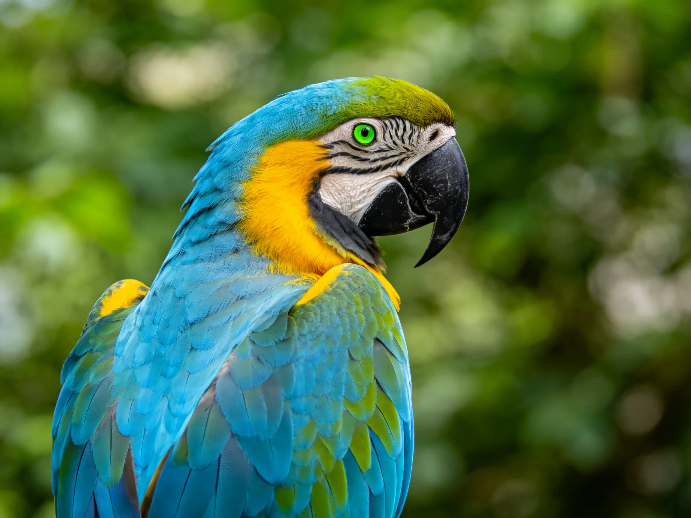 Vibrant blue and yellow macaw with green feather details