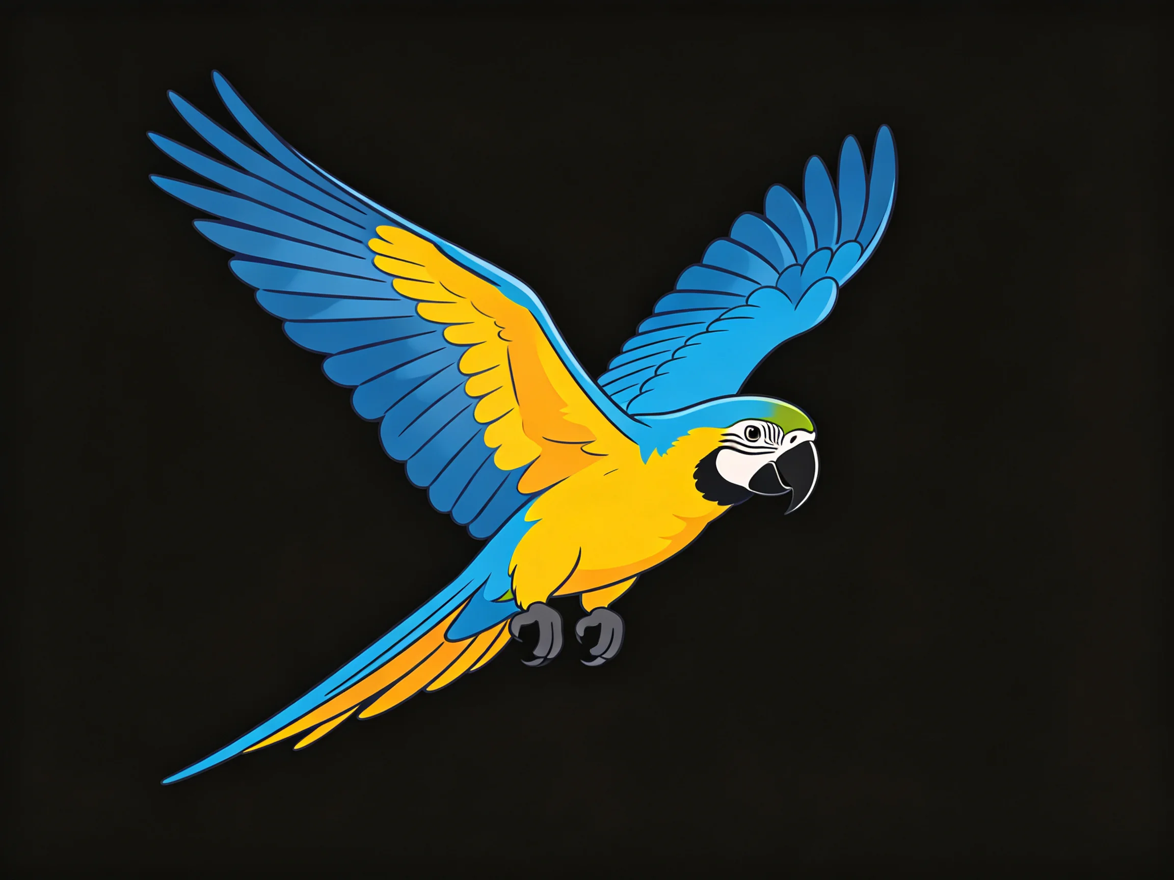 Vibrant blue and yellow parrot soaring with outstretched wings