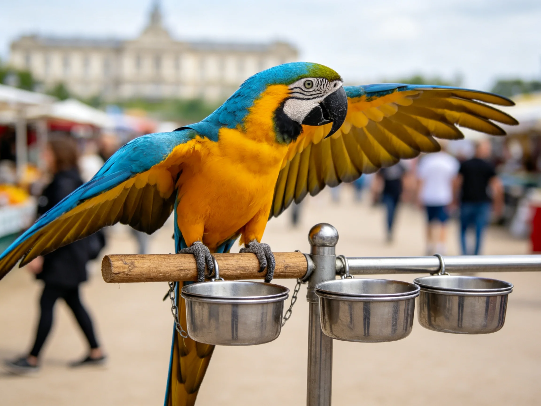 Vibrant blue and yellow parrot spreads wings atop wooden perch near market