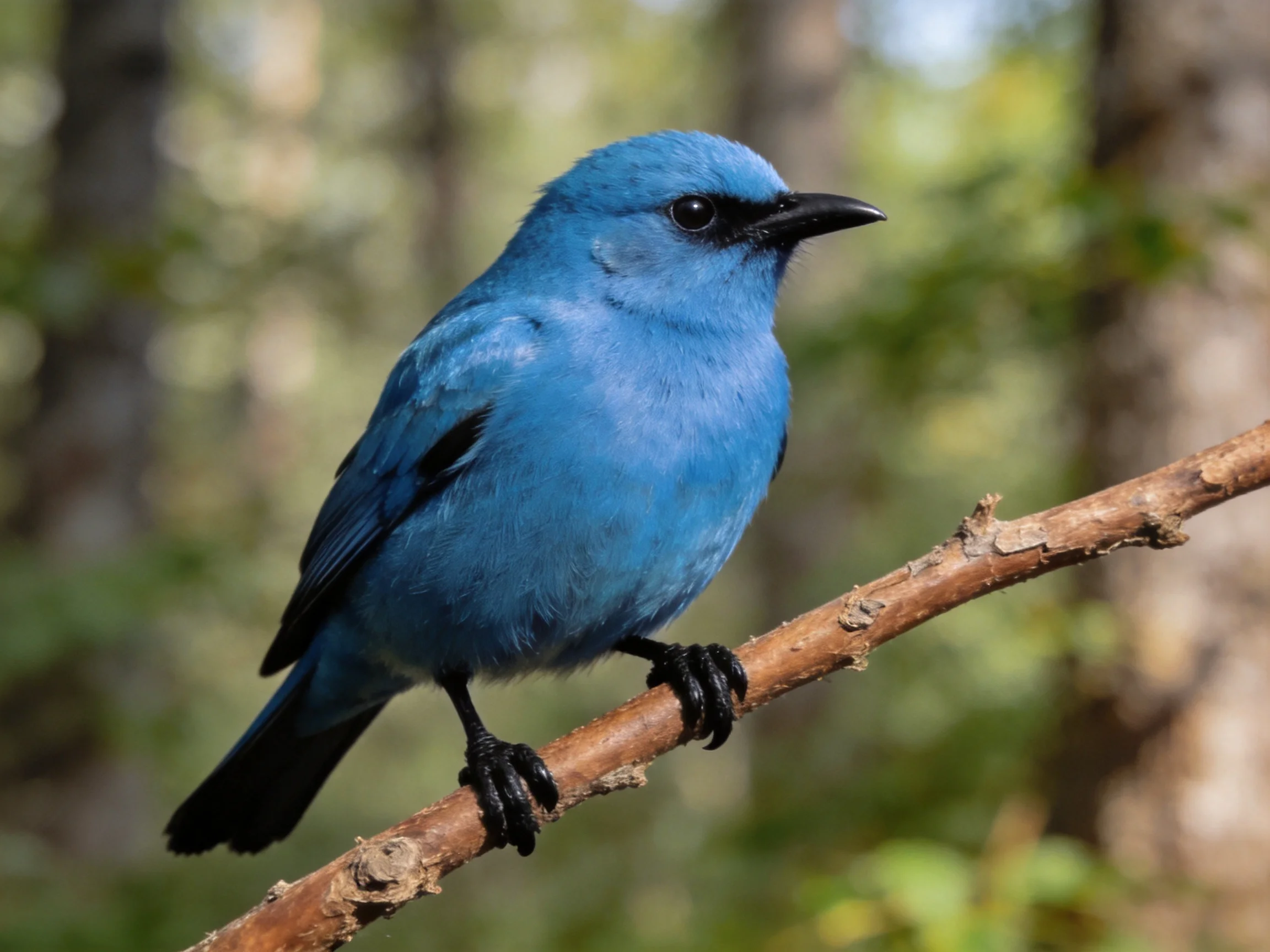A bright blue bird sits on a tree branch in a wooded area.