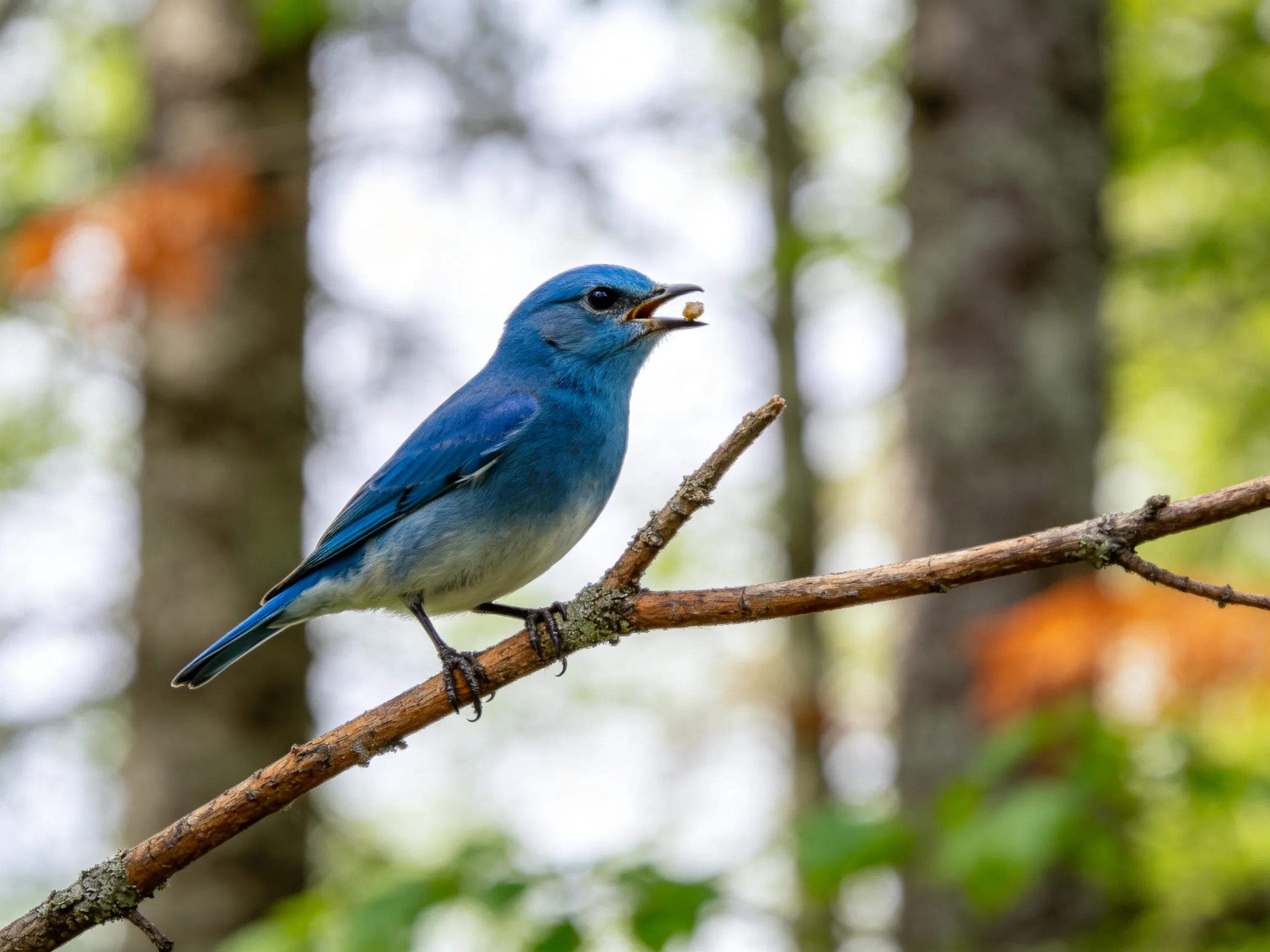 A bright blue bird holds food while perched on a tree branch in a wooded area.