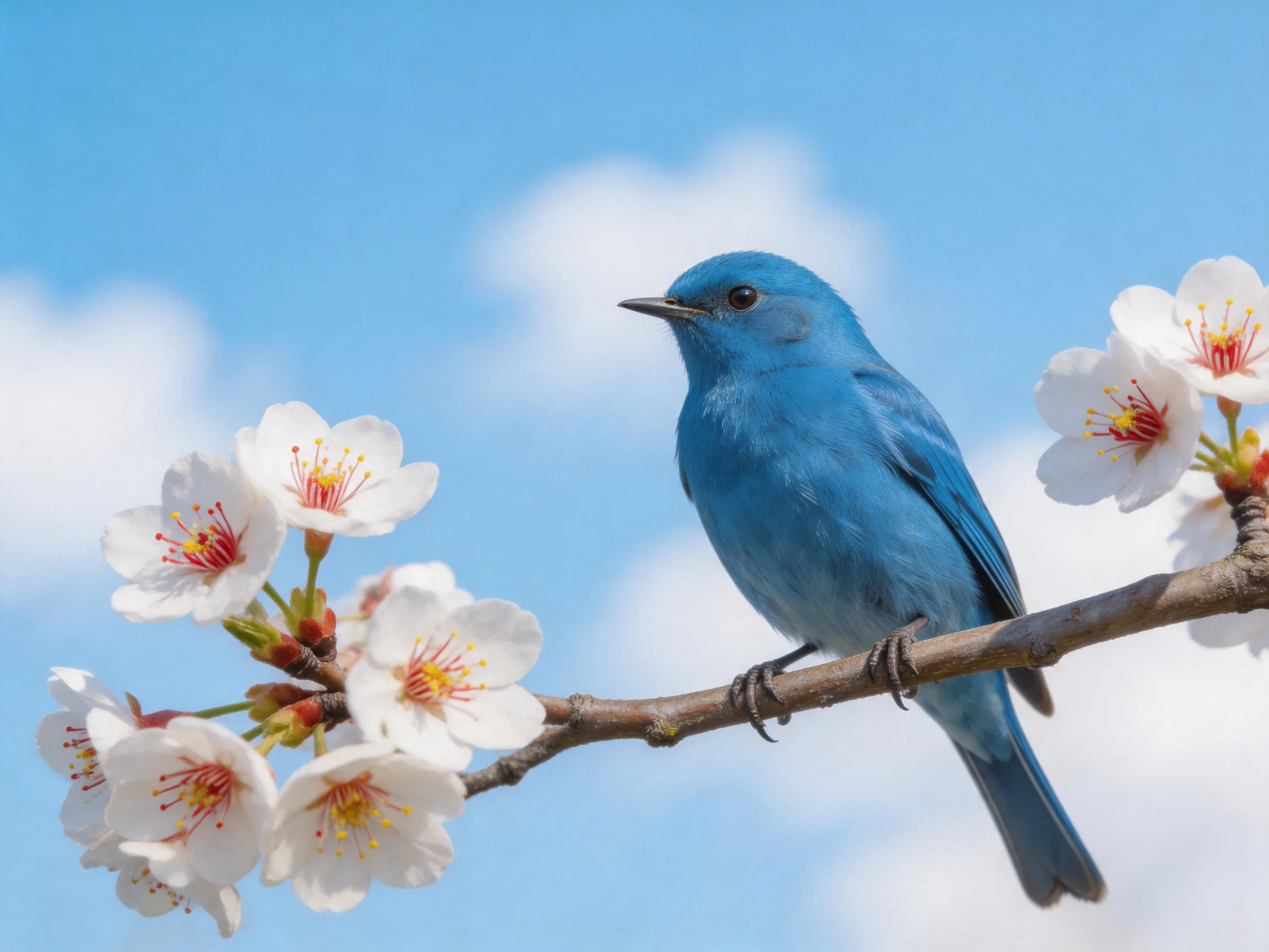 Vibrant blue bird perched on flowering cherry blossom branch