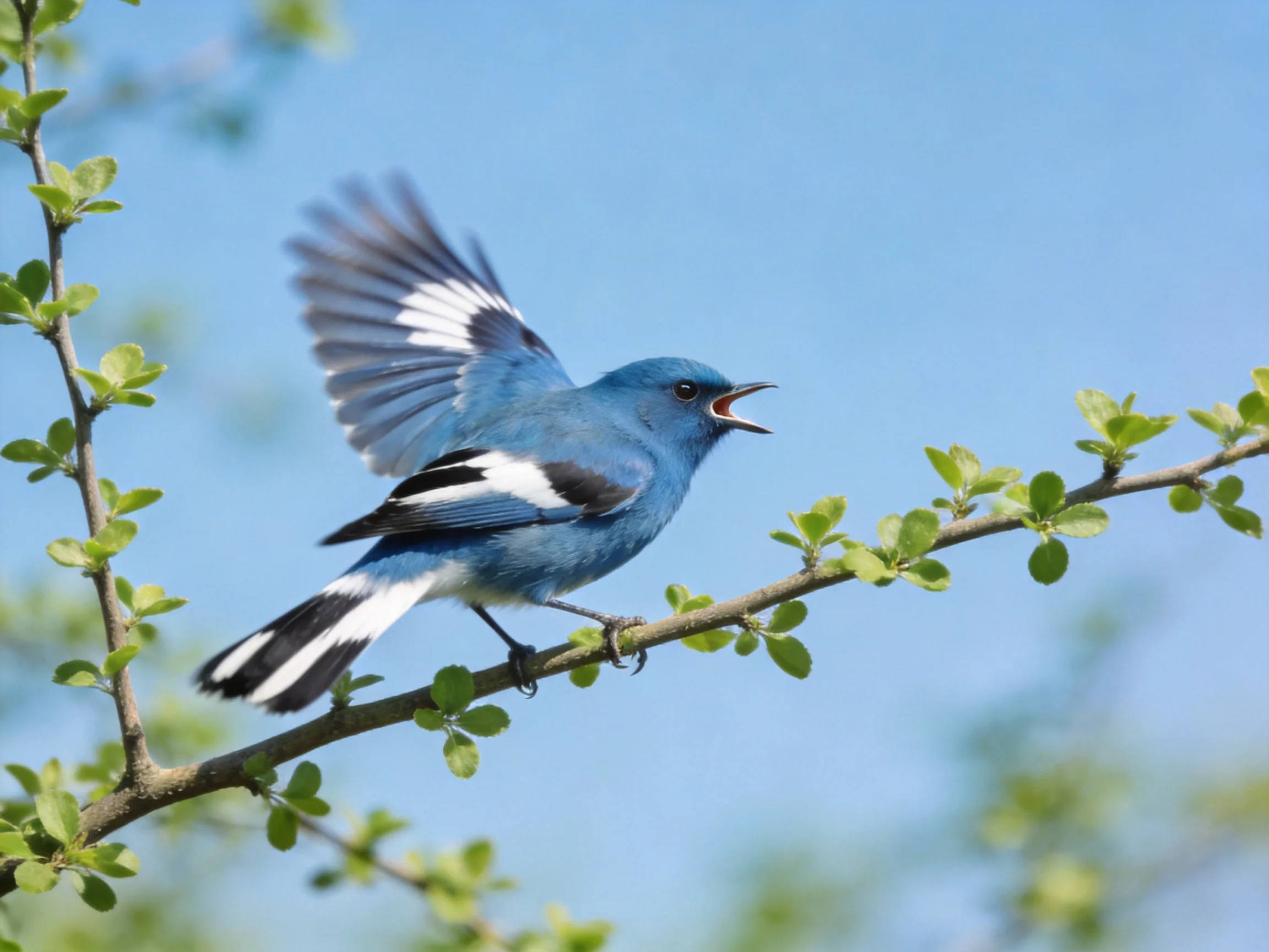 A blue bird with black and white markings sings while perched on a leafy branch.