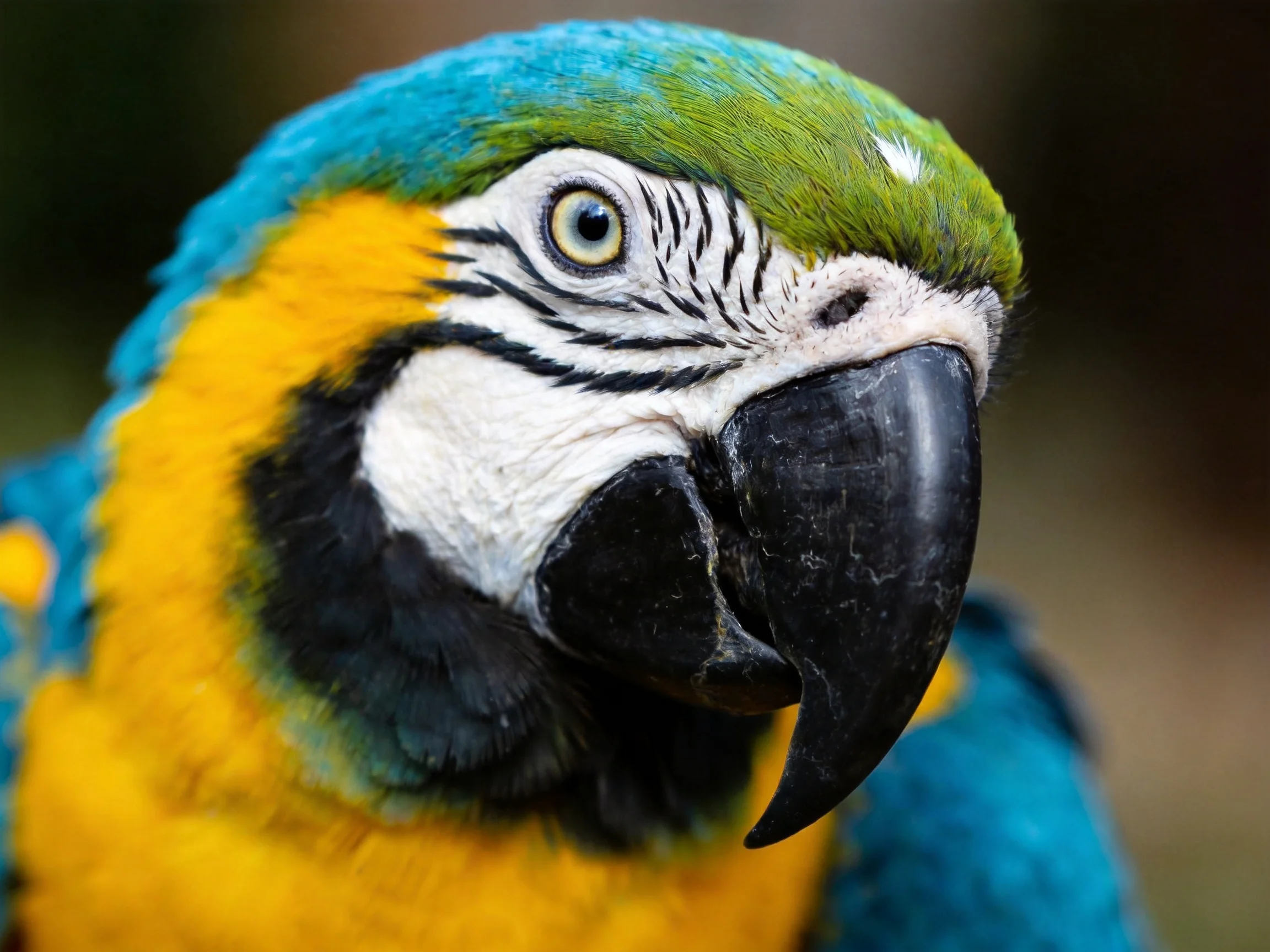 Close-up view of a macaw with bright blue, green, and yellow plumage.