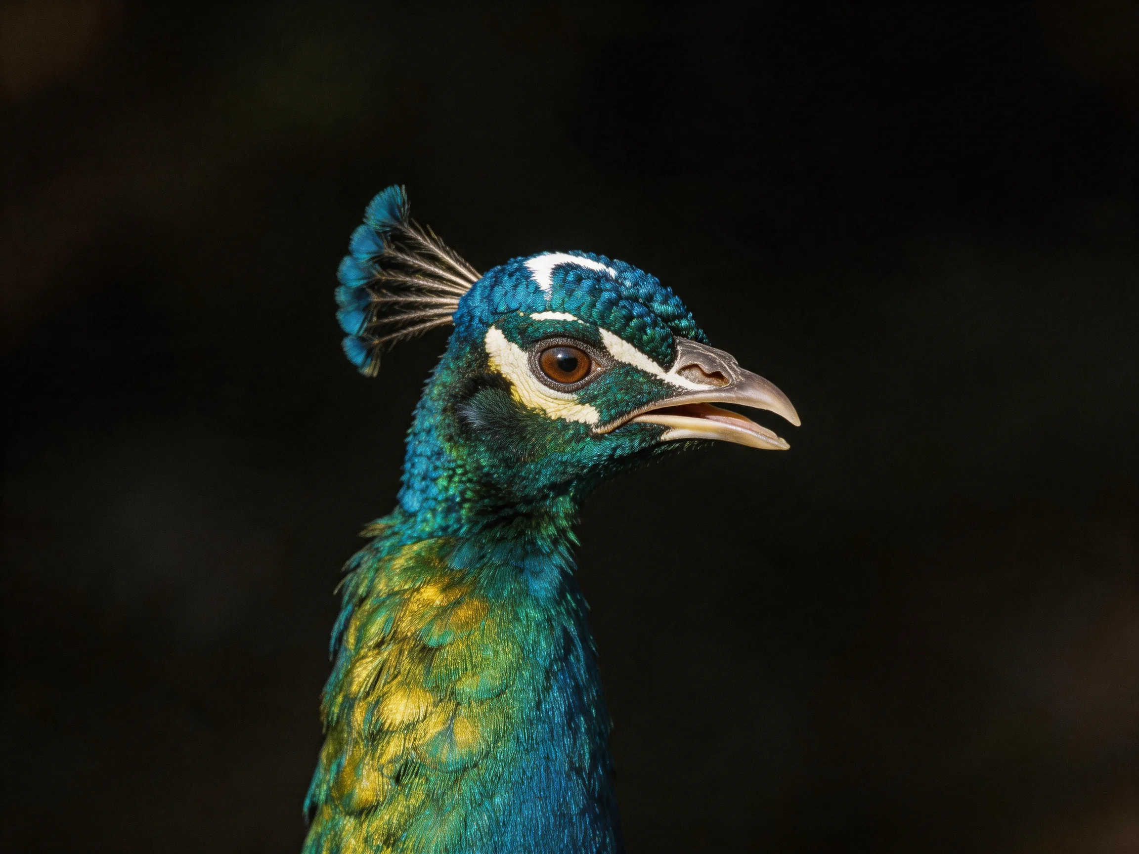 Vibrant blue-green peacock head with ornate crest