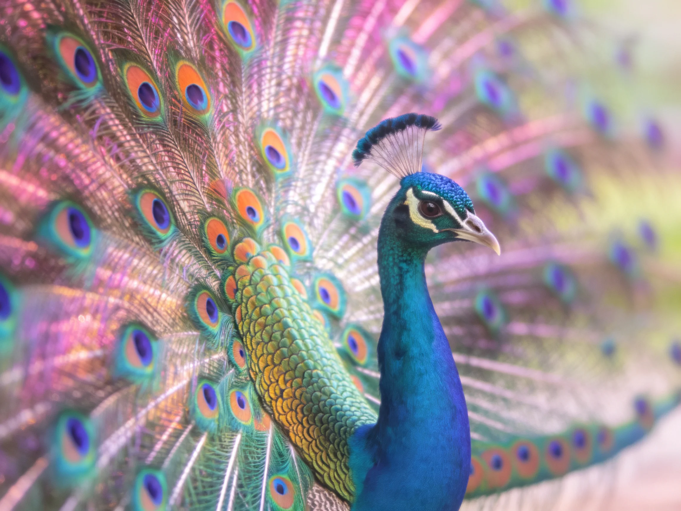 Vibrant blue-green peacock spreads colorful tail feathers wide