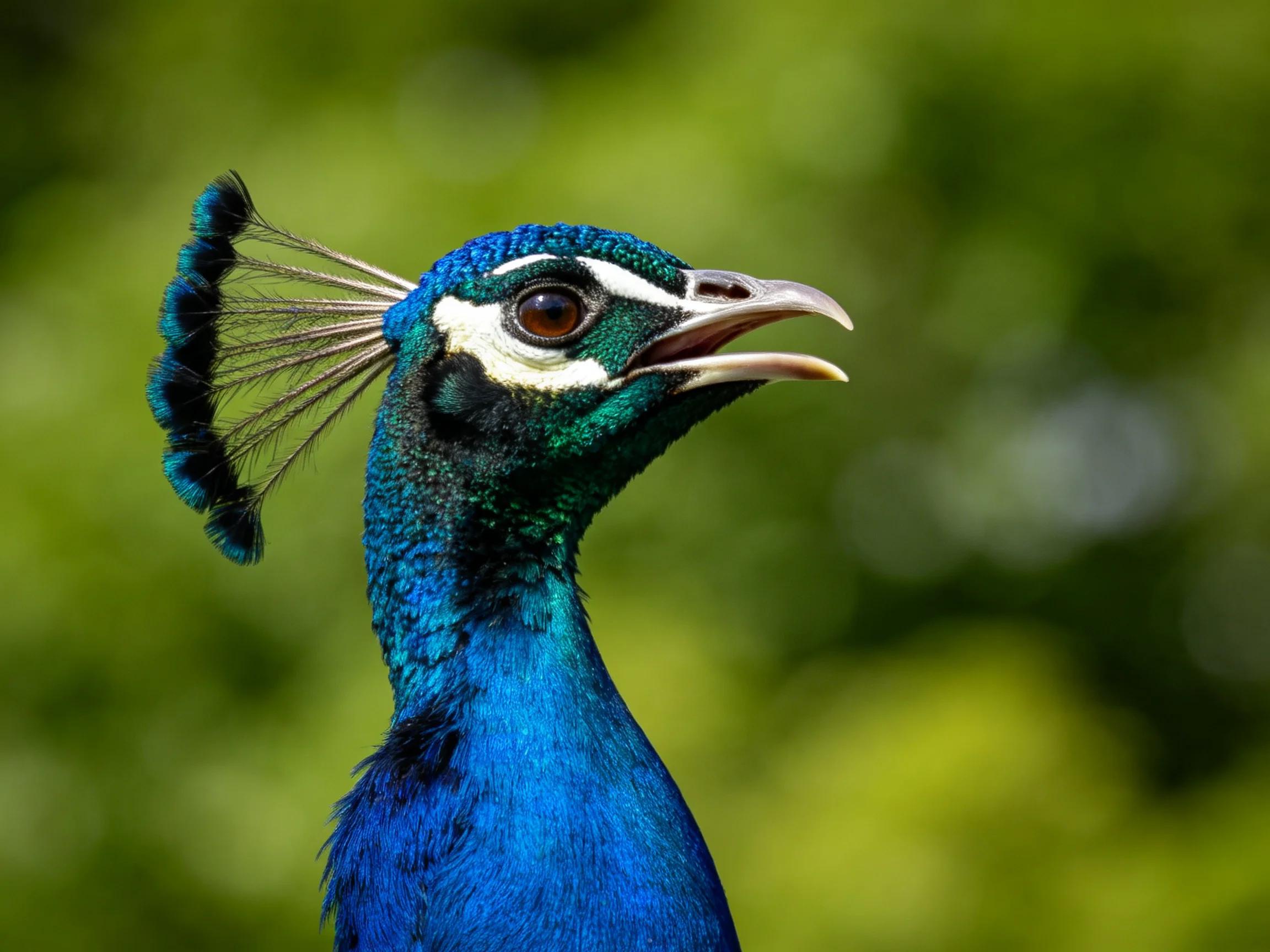 Vibrant blue - green peacock with fanned crest feathers