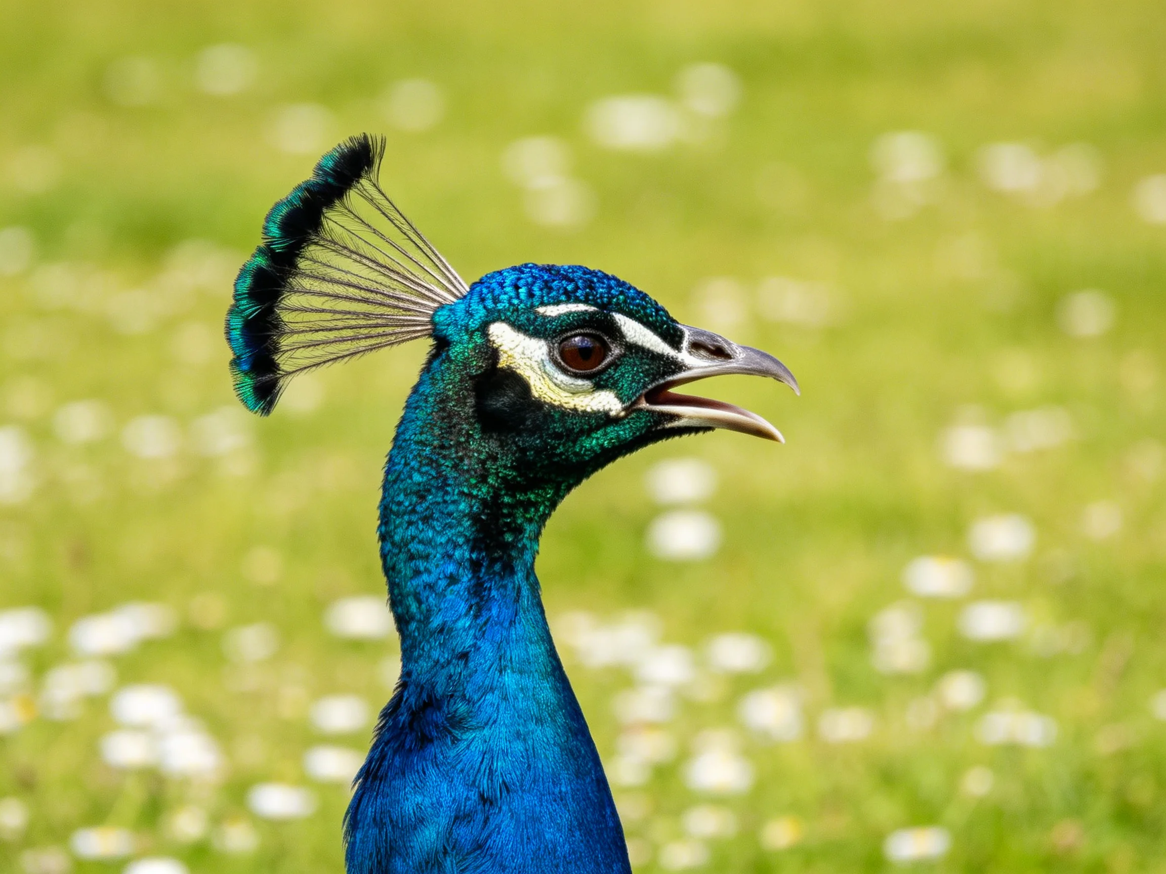Vibrant blue-green peacock with raised crest in a flowered meadow