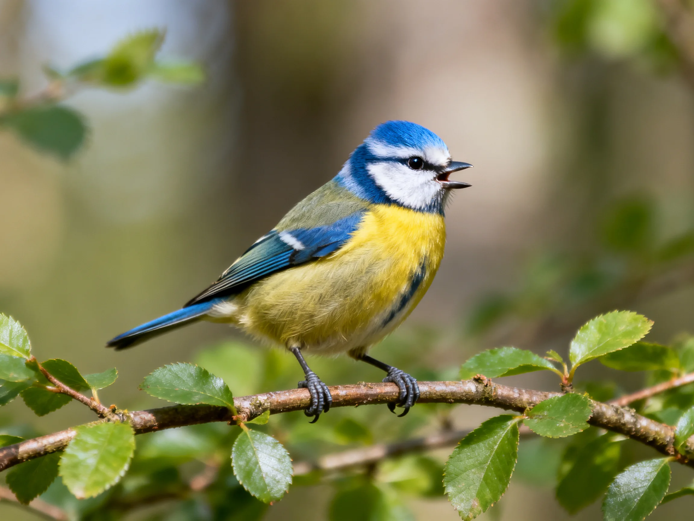 Vibrant blue-headed bird perched on a leafy branch