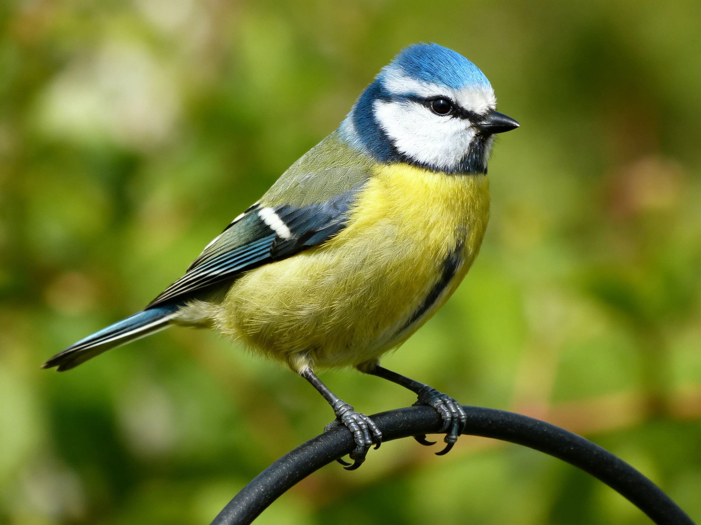 Vibrant blue-headed bird perched on dark metal ring