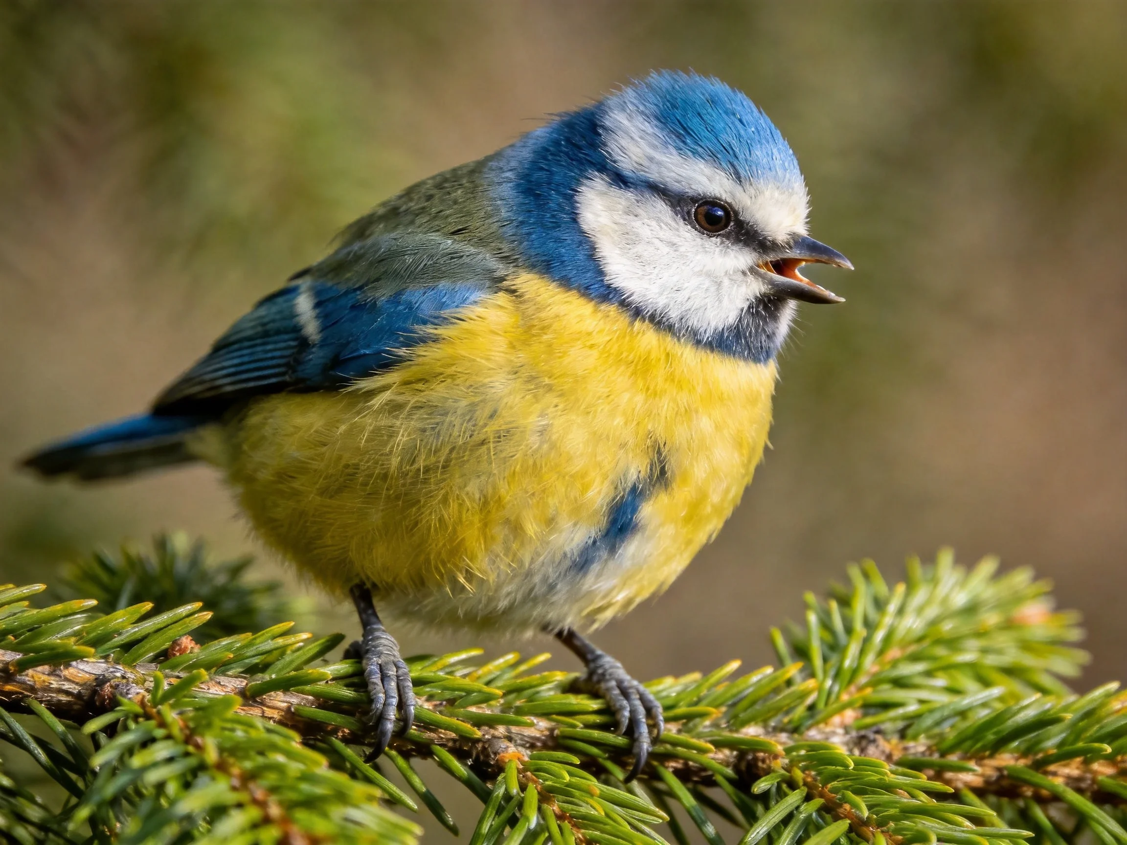 Vibrant blue-headed bird perched on green pine branches