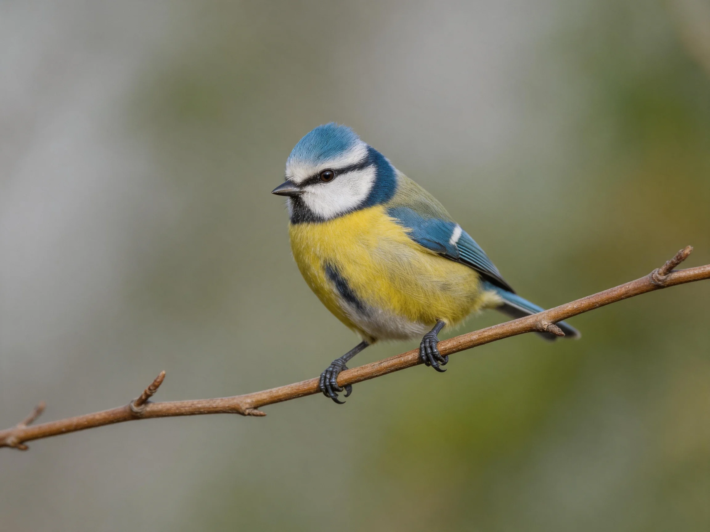 Vibrant blue-headed bird perches on a thin brown branch