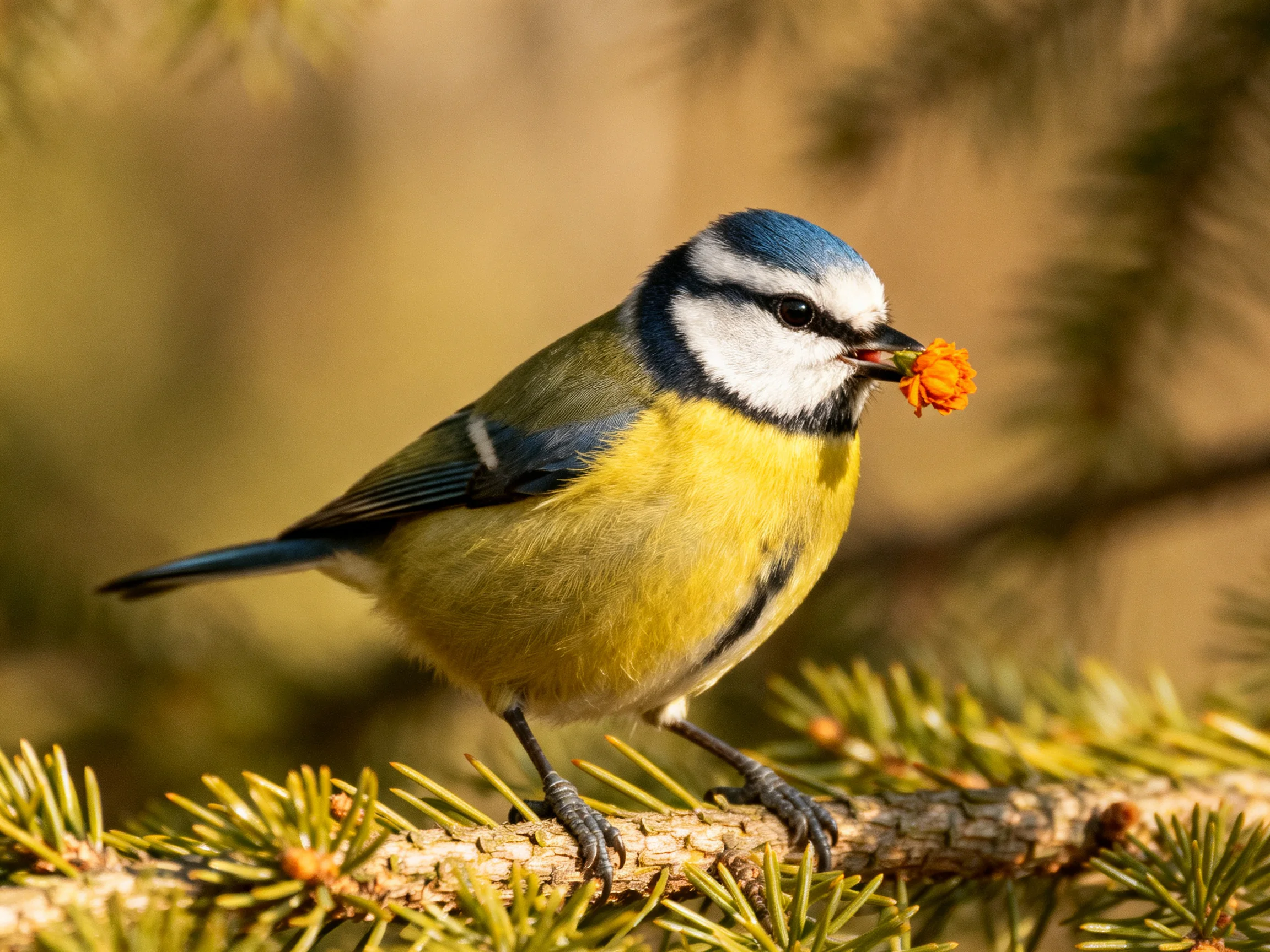 A blue-headed bird with a yellow chest holds an orange flower on a pine branch.