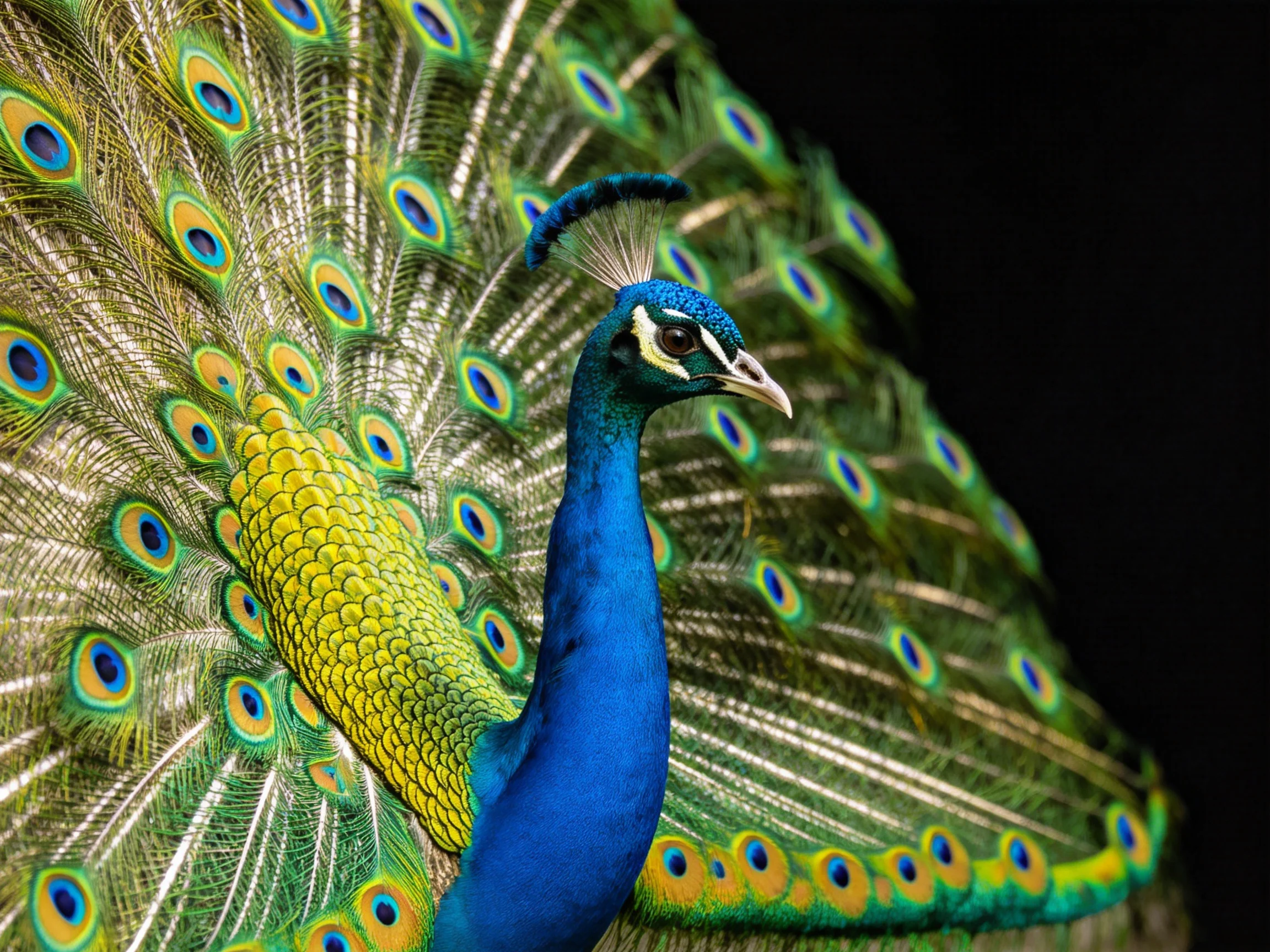 Vibrant blue peacock displaying fanned iridescent tail feathers