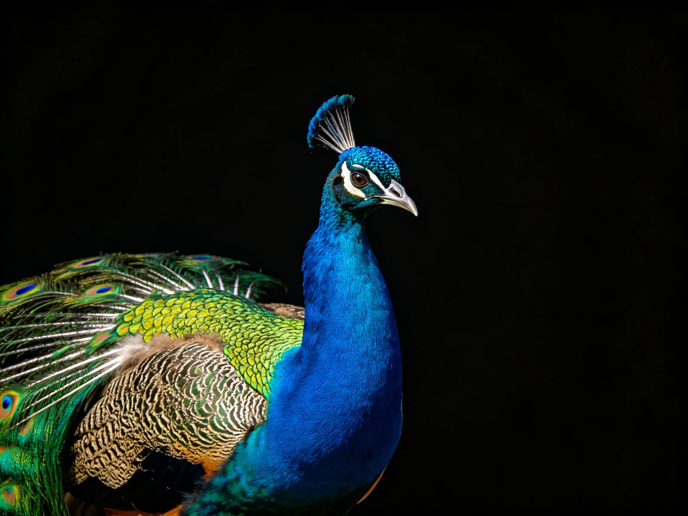 Vibrant blue peacock with iridescent green and patterned brown plumage