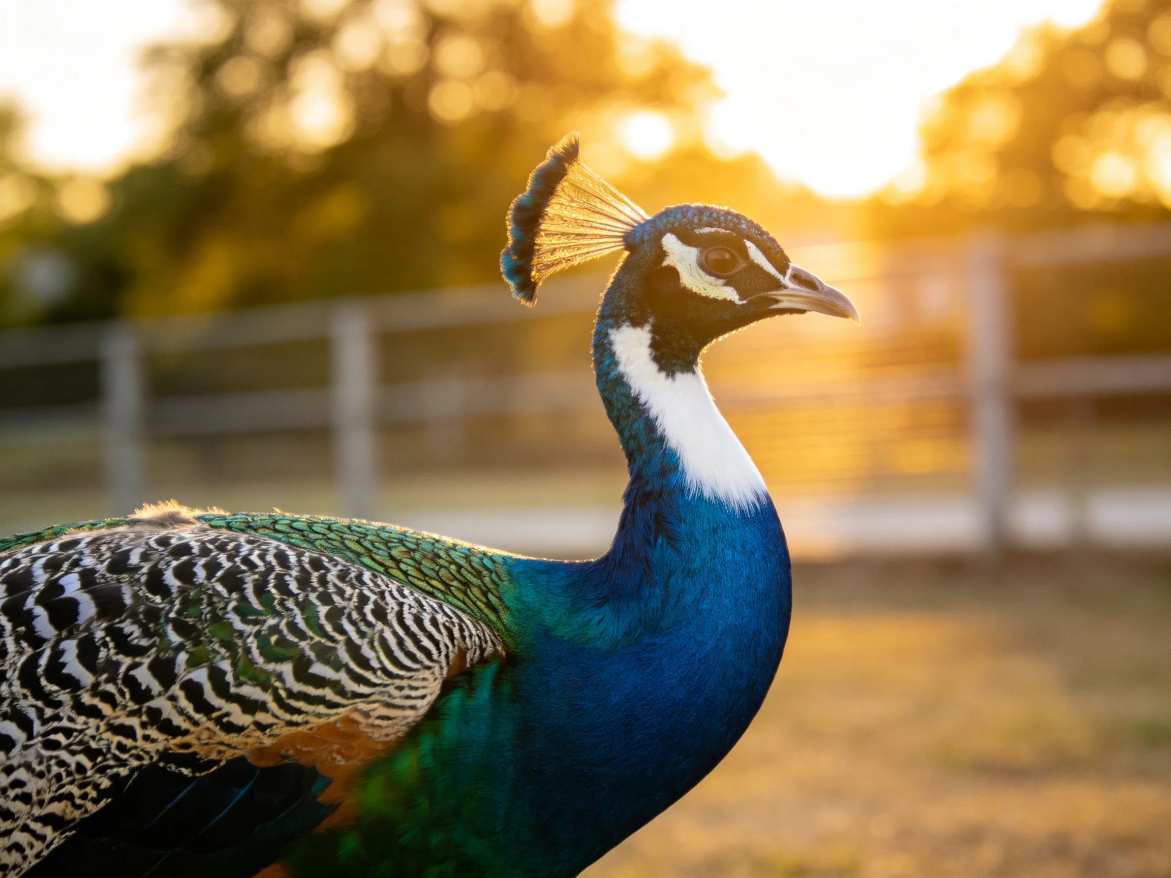 Vibrant blue peacock with patterned feathers under golden sunset