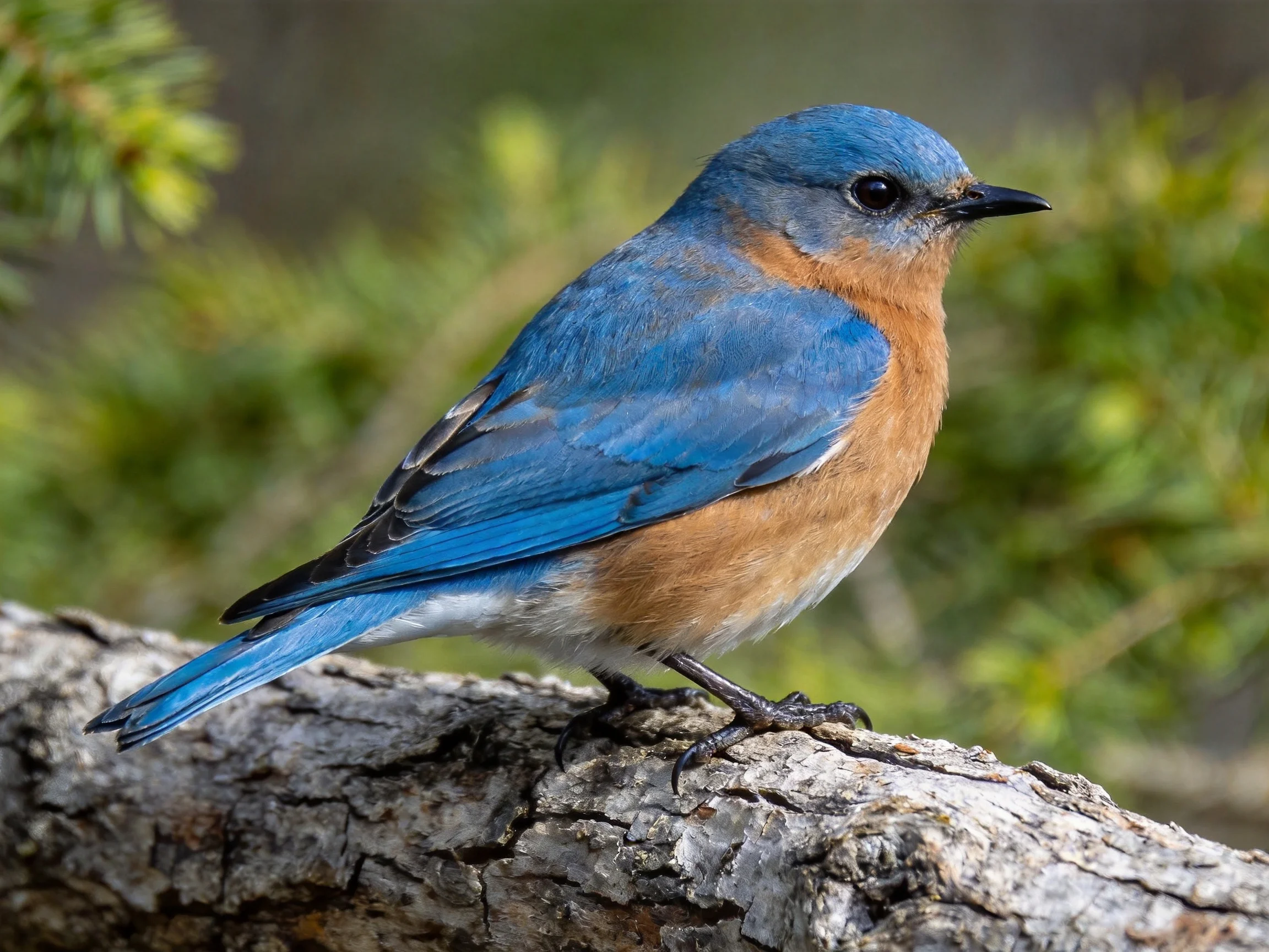 Vibrant bluebird perched on aged tree bark
