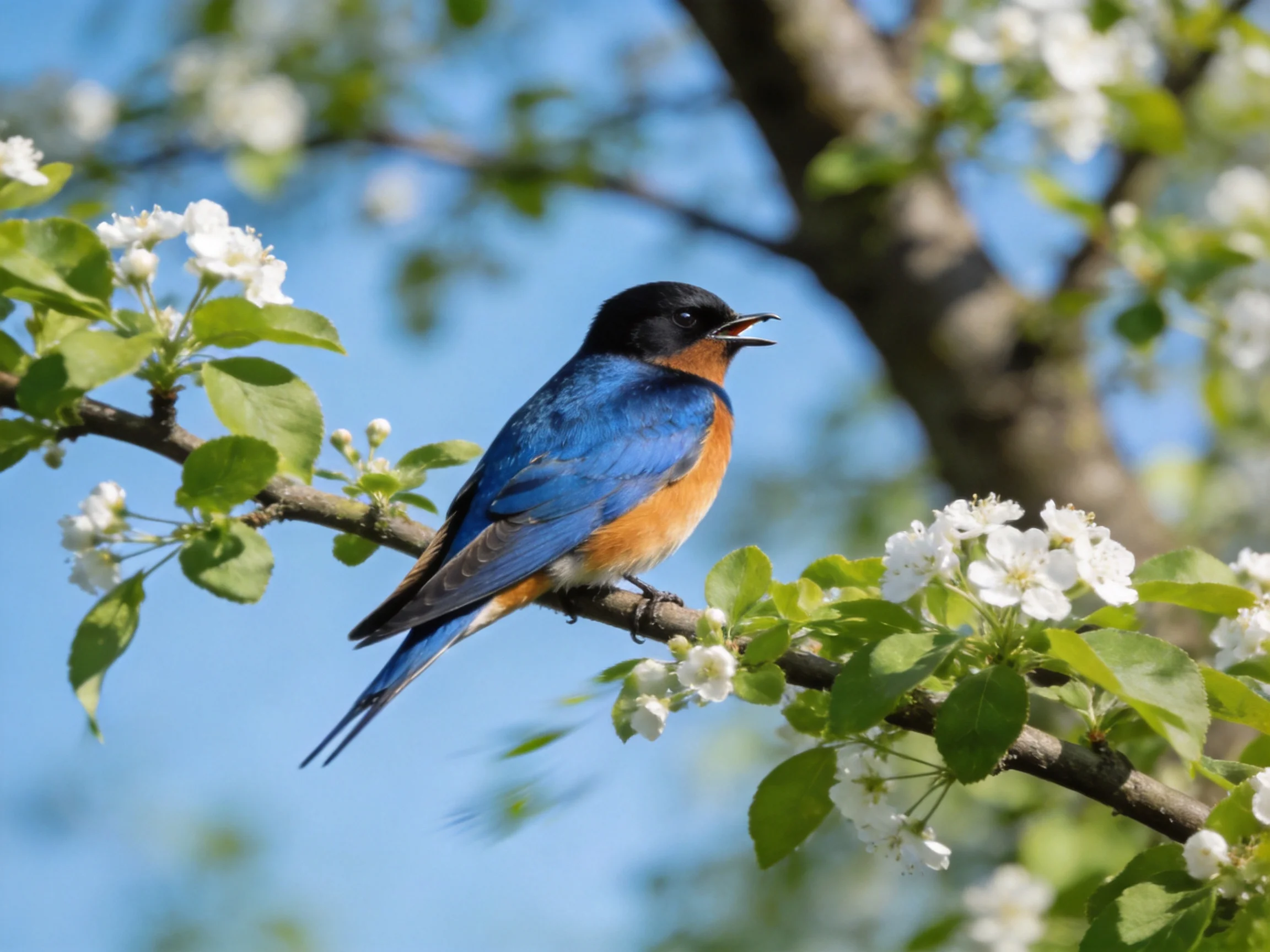 Vibrant bluebird perched on flowering tree branch