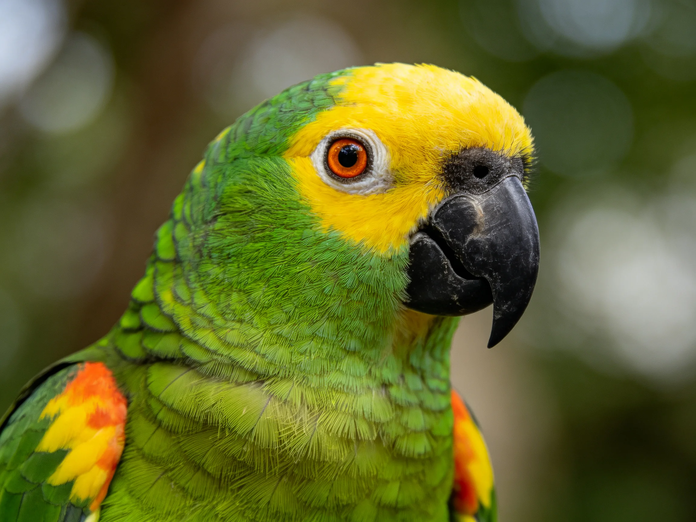 Vibrant green and yellow parrot with orange wing patches, sharp beak detail