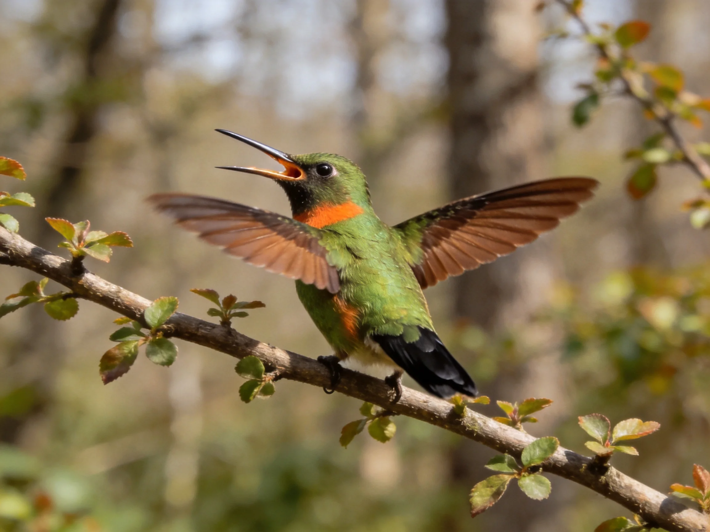 Vibrant green hummingbird with orange accents perches on a leafy branch