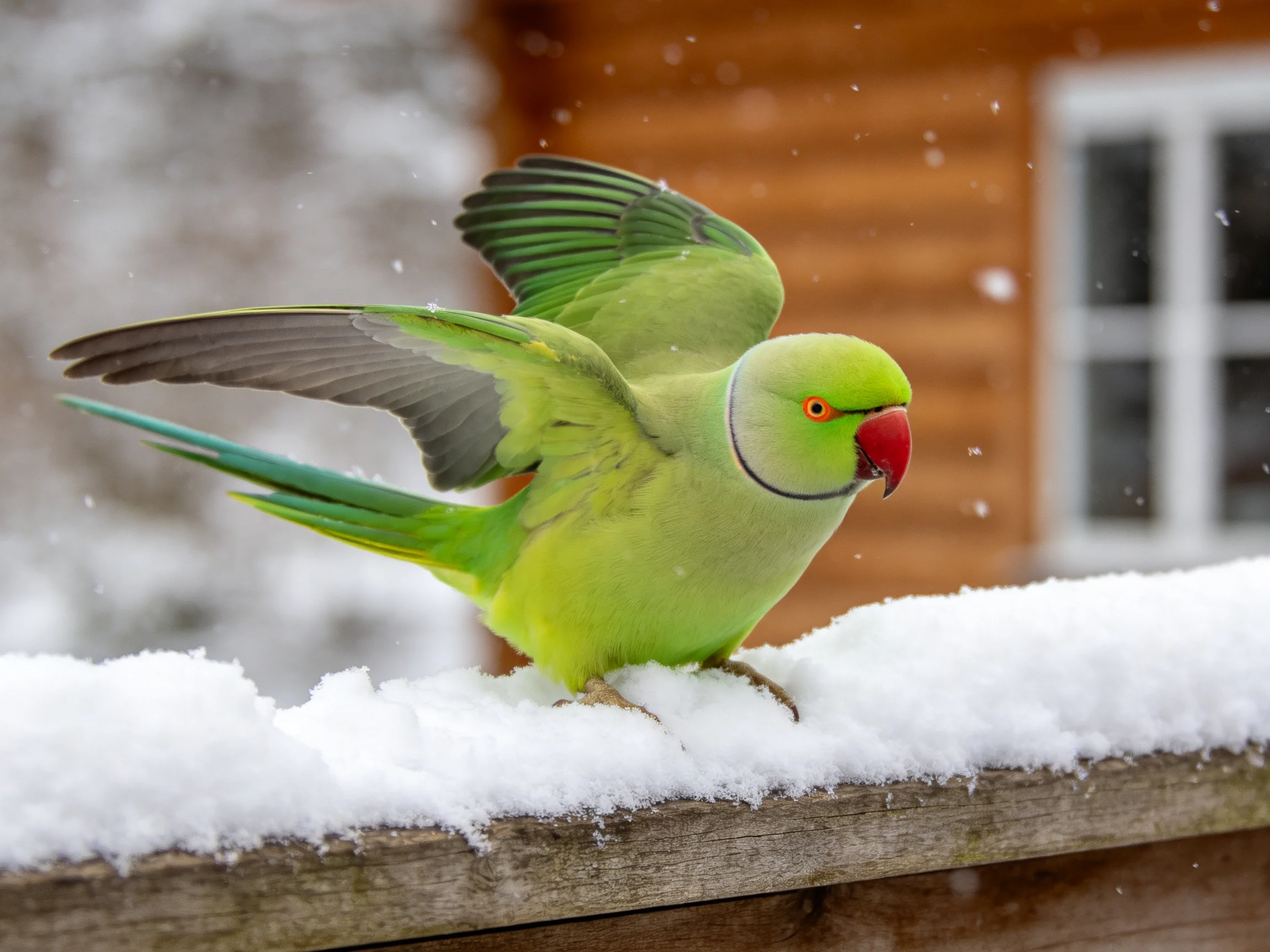 Vibrant green parrot spreads wings on snow-covered wooden fence