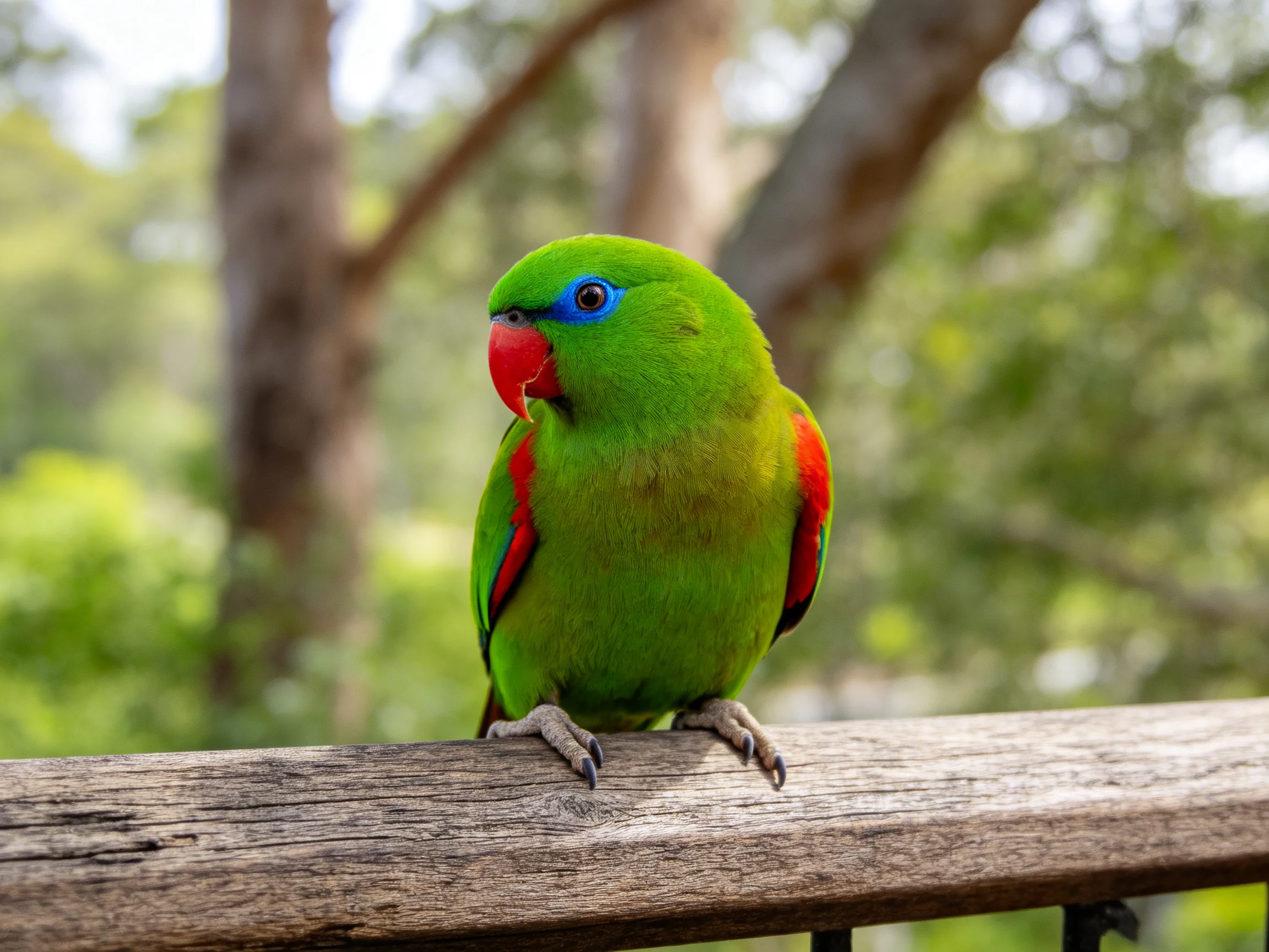 Vibrant green parrot with red accents on weathered wood