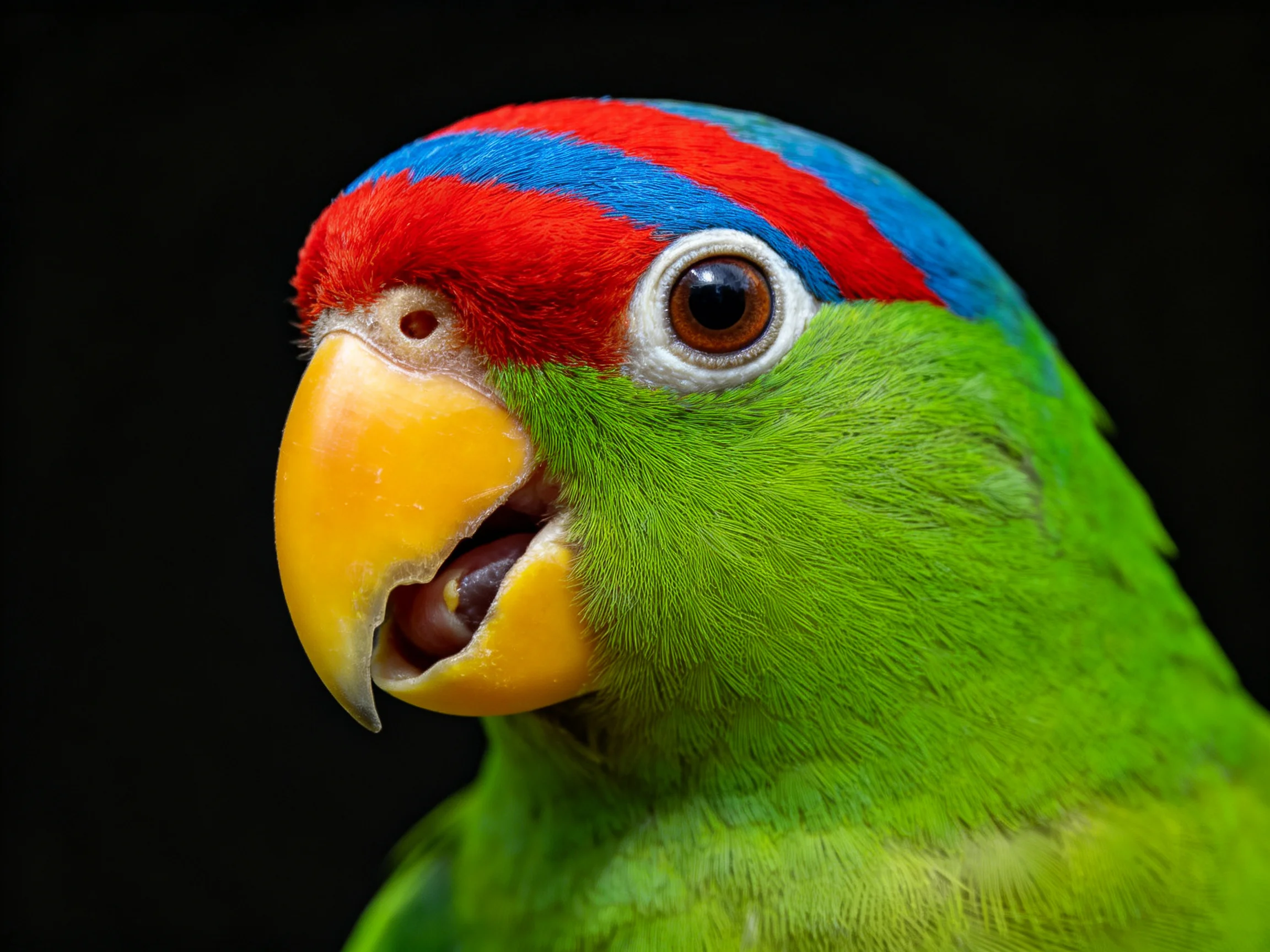 Vibrant green parrot with red-blue striped head and yellow beak