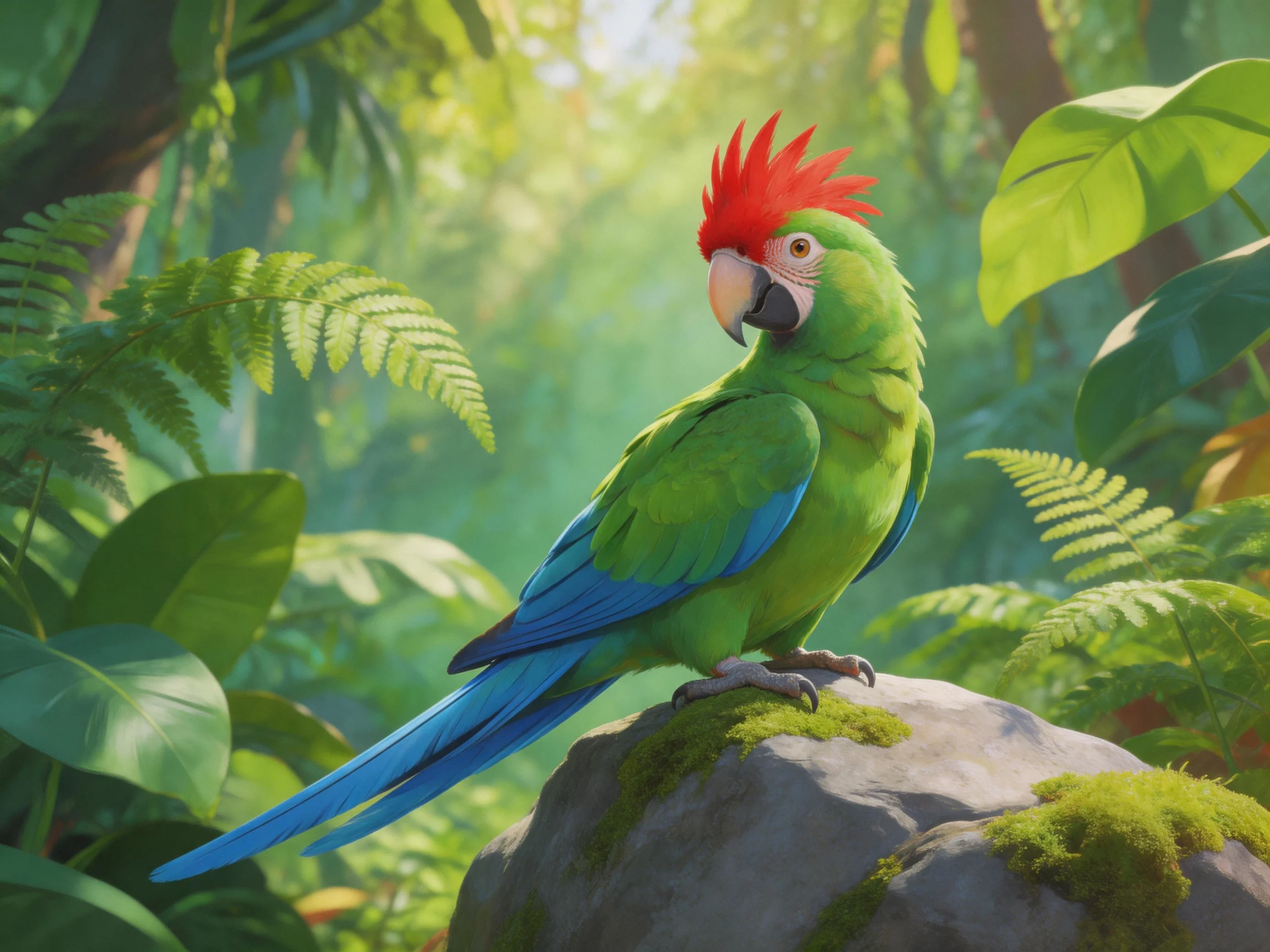 Vibrant green parrot with red crest perched on moss-covered rock in dense jungle