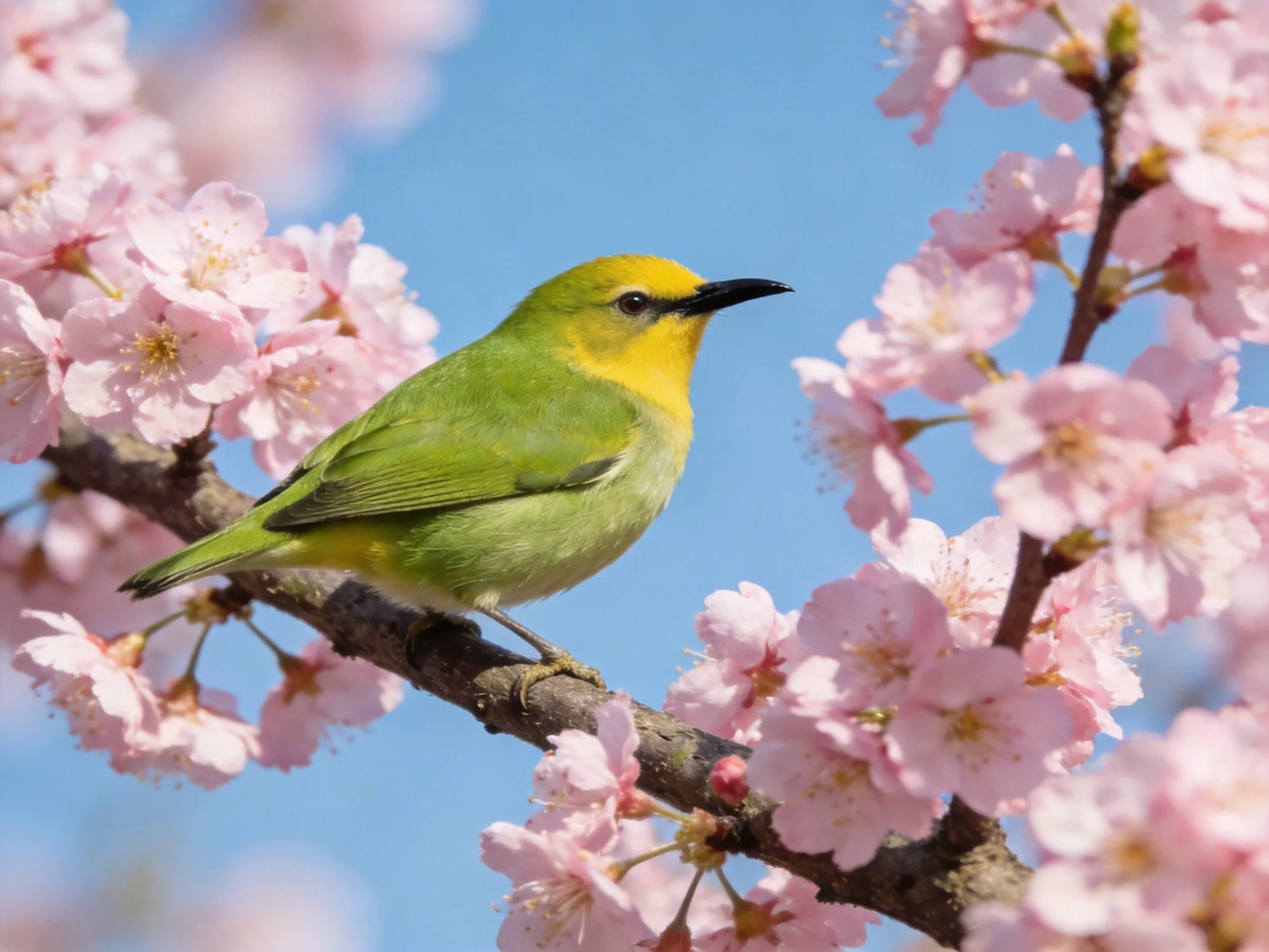 Vibrant green-yellow bird perched on cherry blossom branch