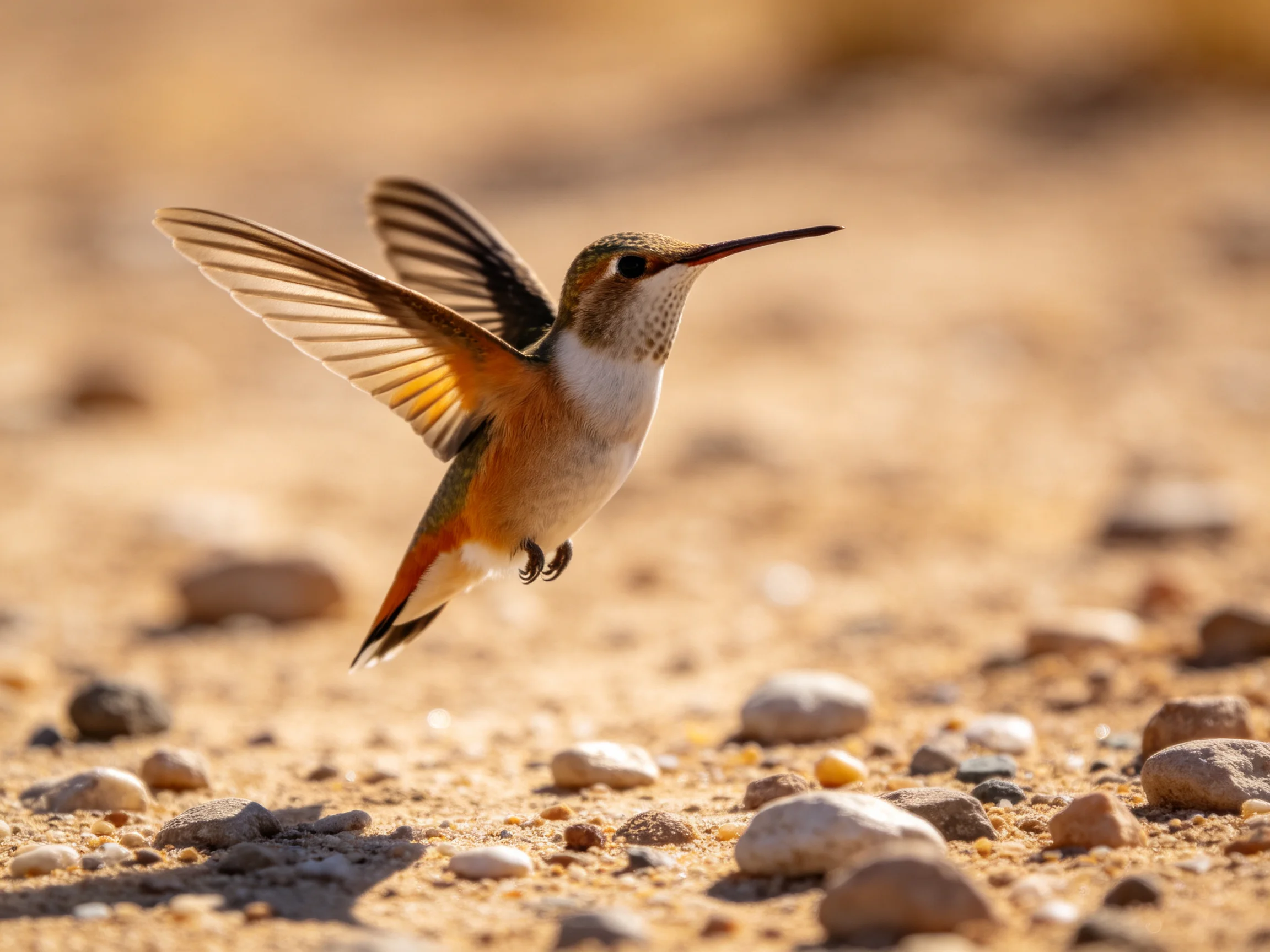 Vibrant hummingbird in flight over rocky desert ground