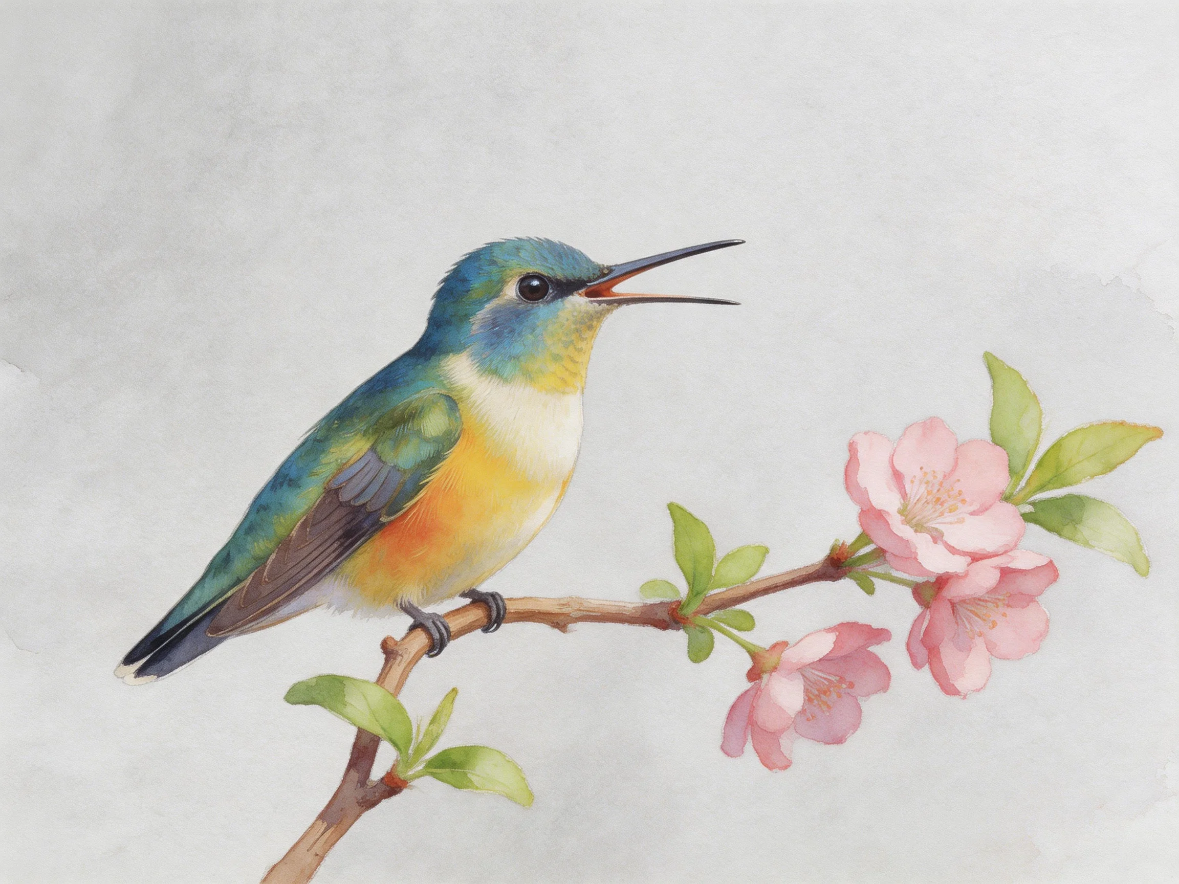 Vibrant hummingbird perched on branch with pink blossoms