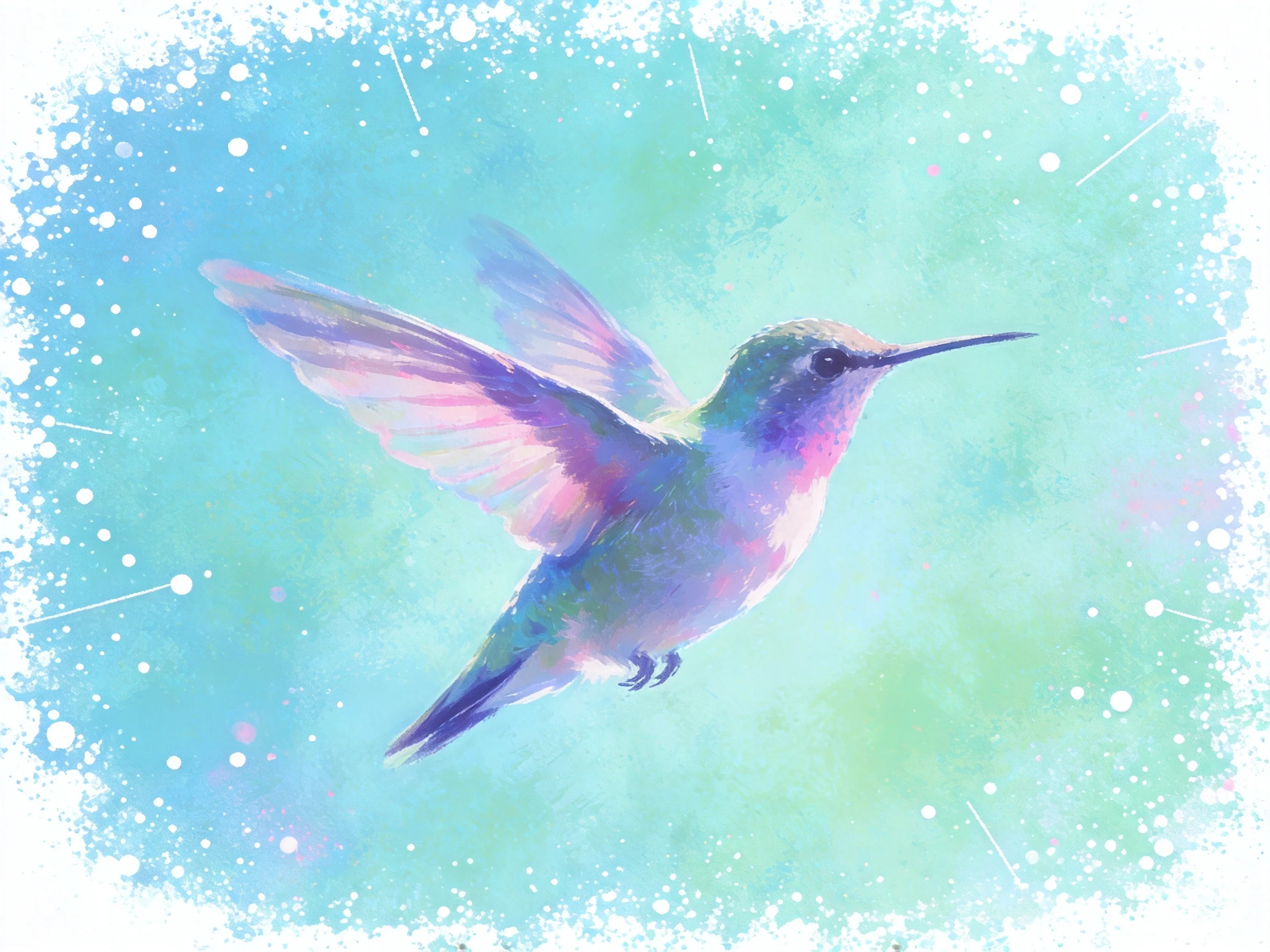 Vibrant hummingbird soaring in pastel blue-green sky