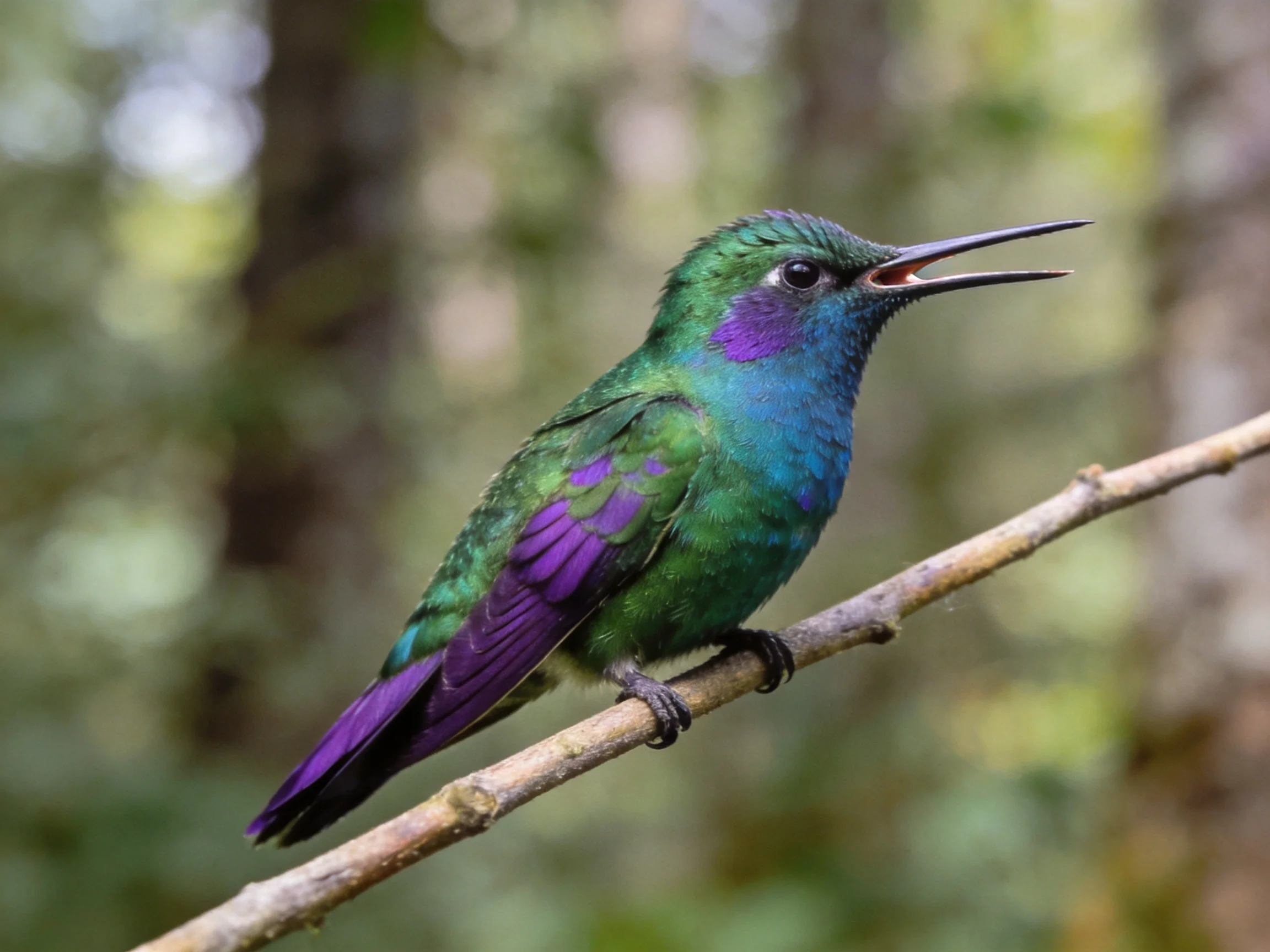 Vibrant hummingbird with iridescent plumage perched on a thin branch