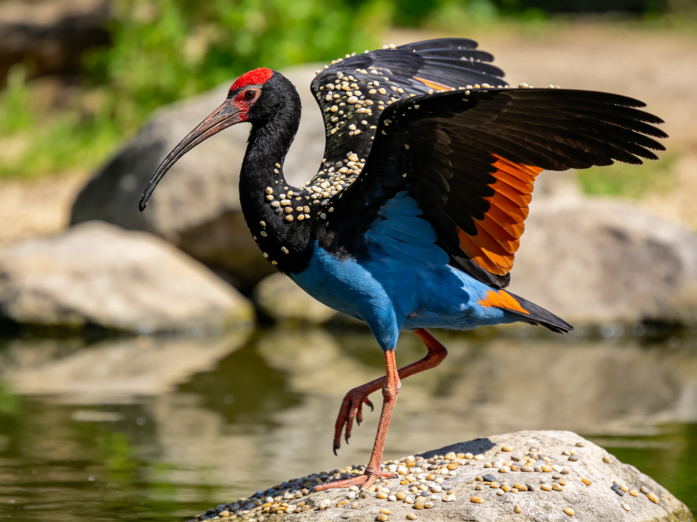 Vibrant ibis with multi-colored plumage on a pebbly rock