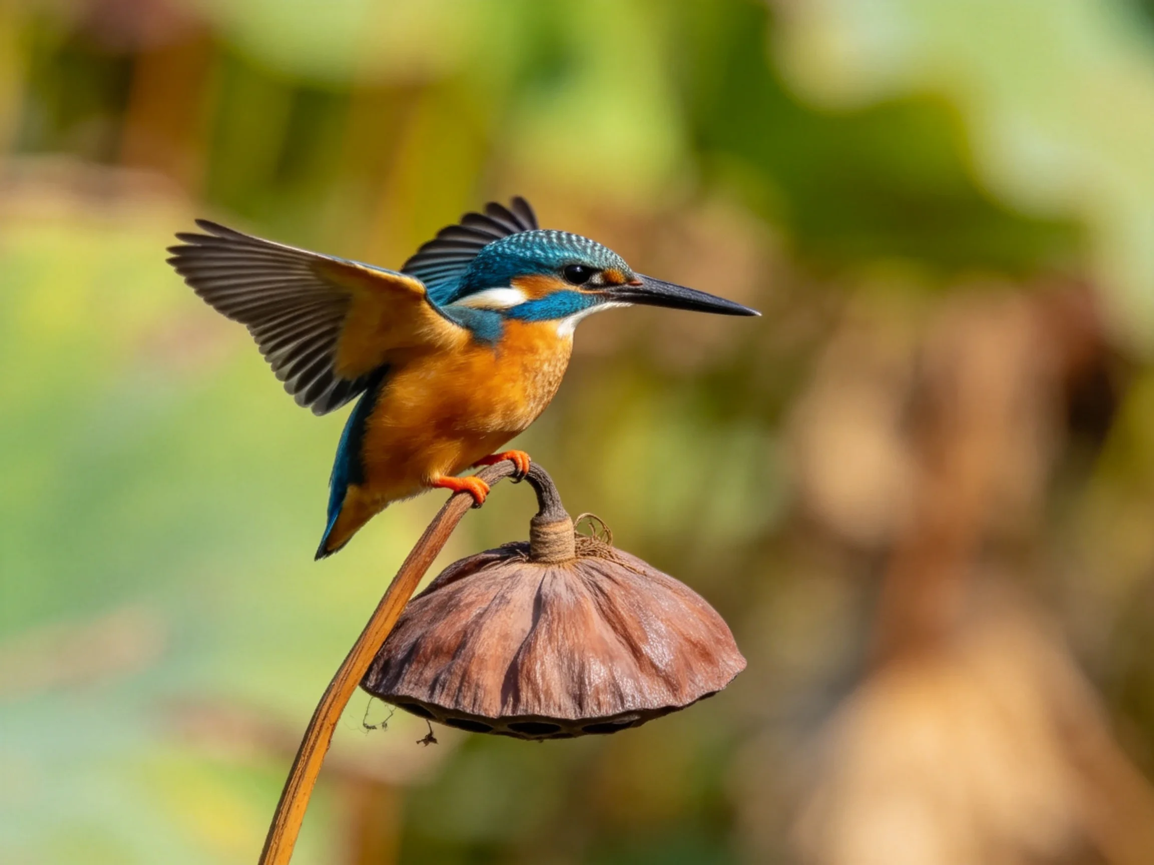 Vibrant kingfisher perched on a dried lotus pod