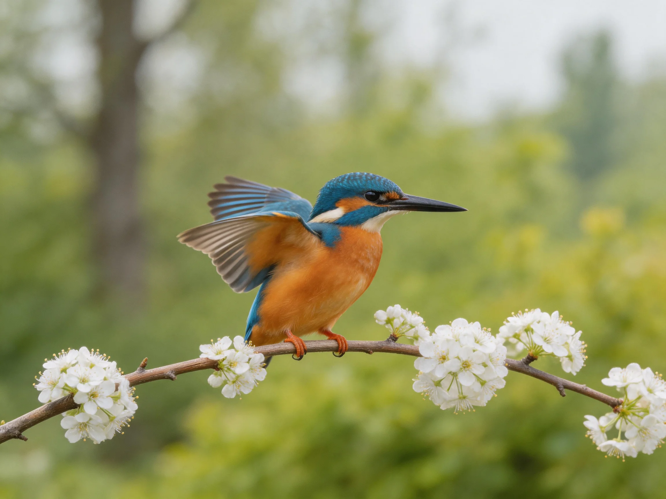 Vibrant kingfisher perches on blossoming branch with white flowers