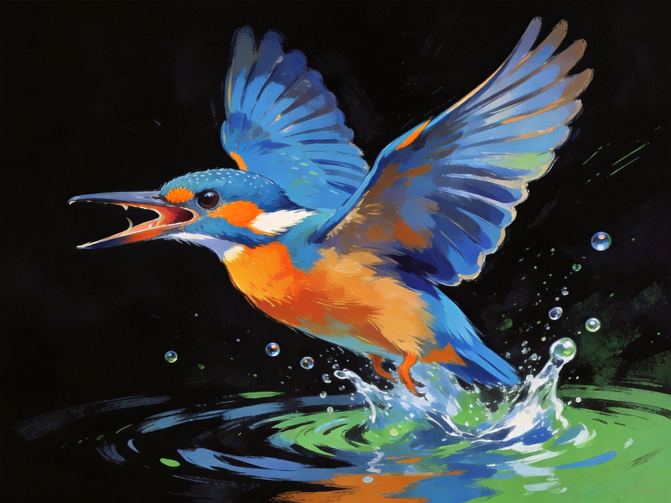 Vibrant kingfisher with blue wings and orange chest splashing into water