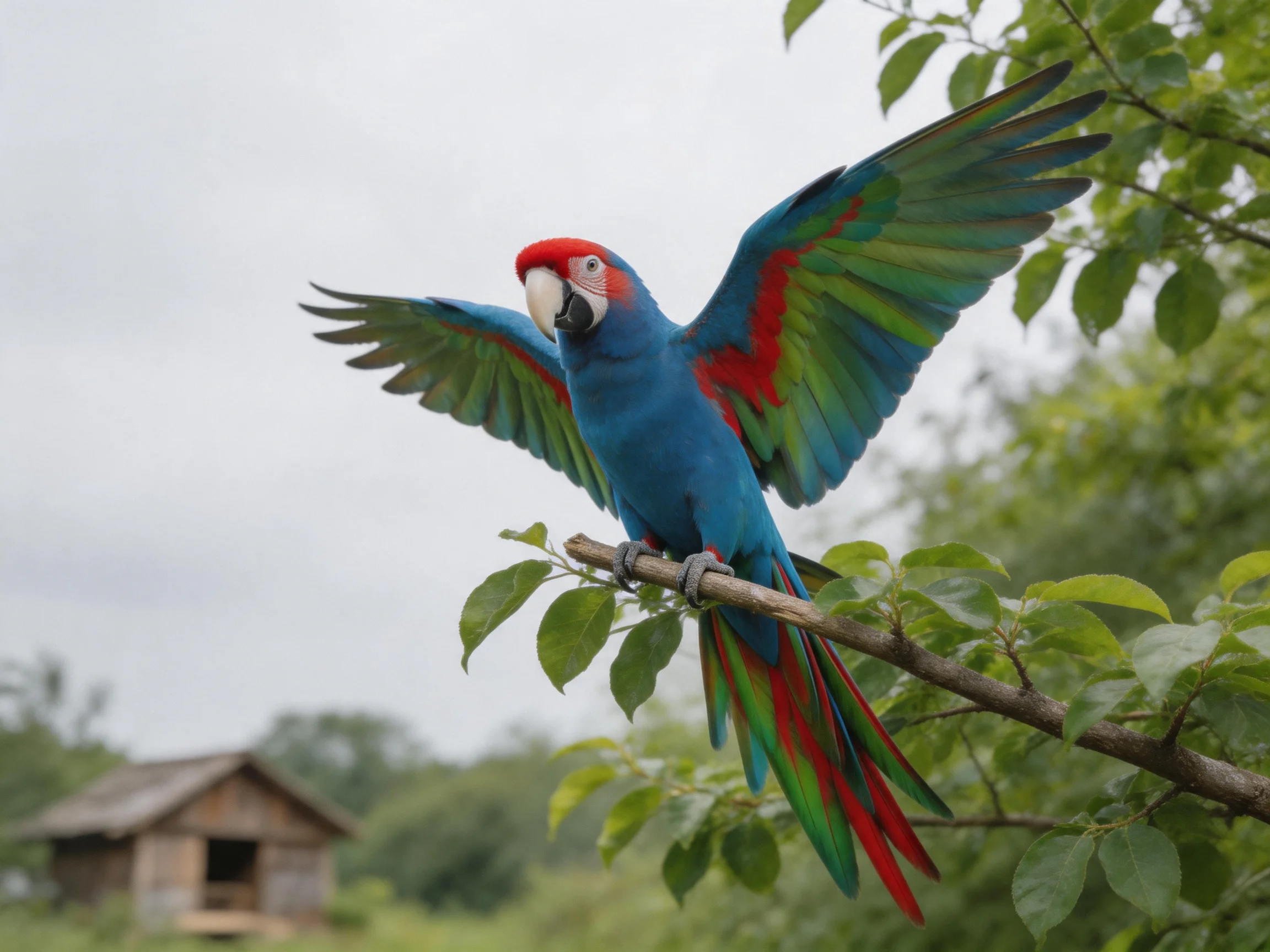 Vibrant macaw spreads wings on leafy branch near rustic structure