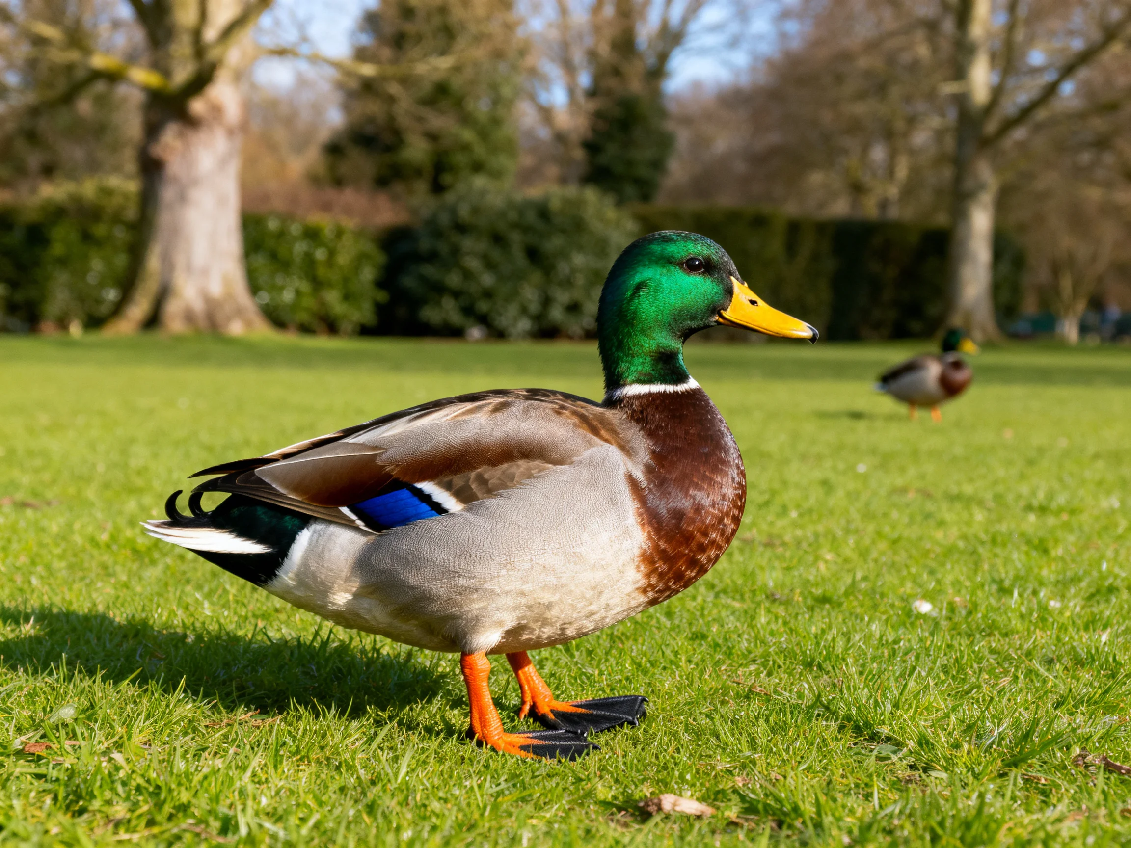 A vibrant mallard duck stands on grass with another duck in the background.