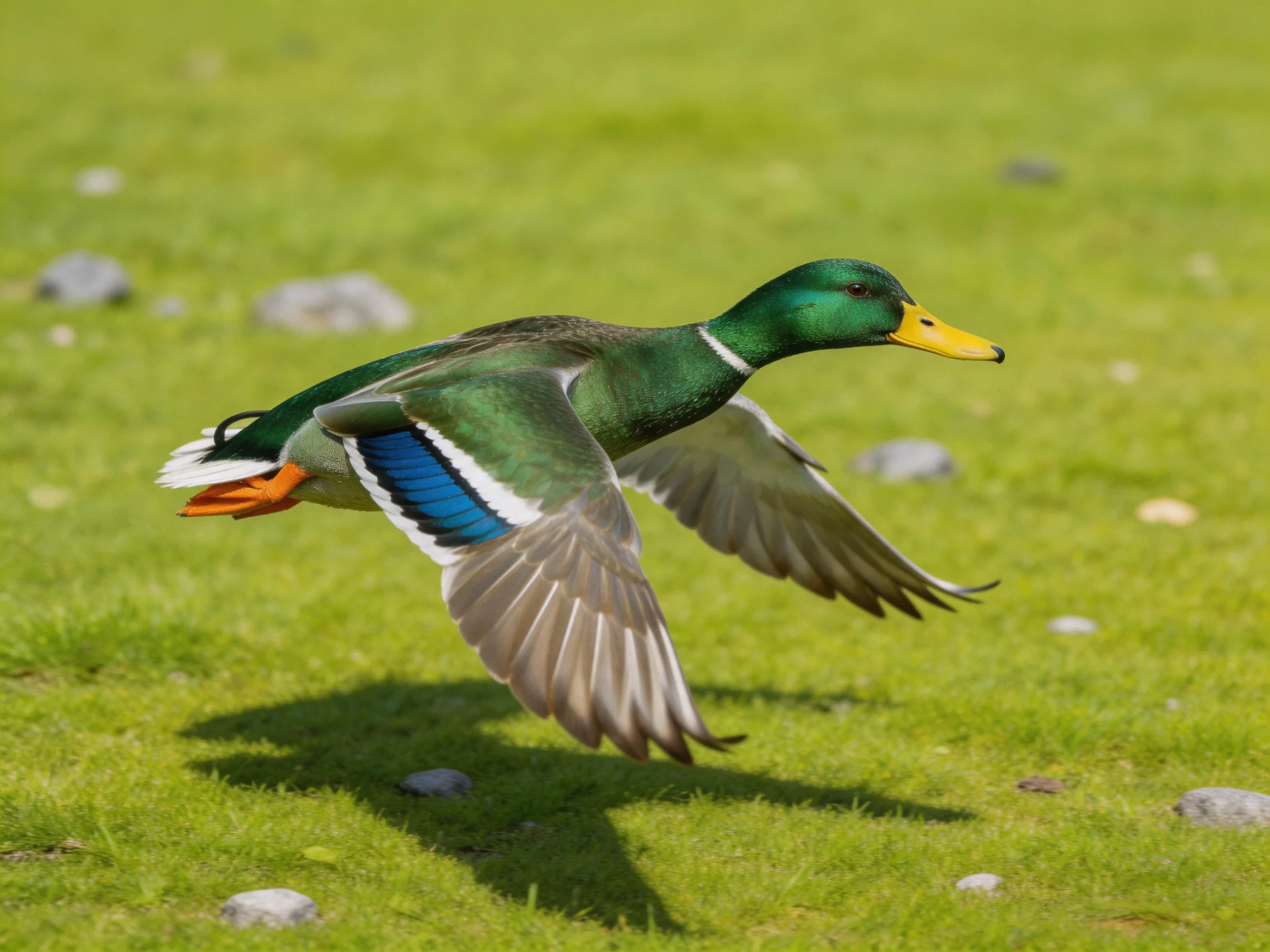 Vibrant mallard duck soaring over grassy terrain